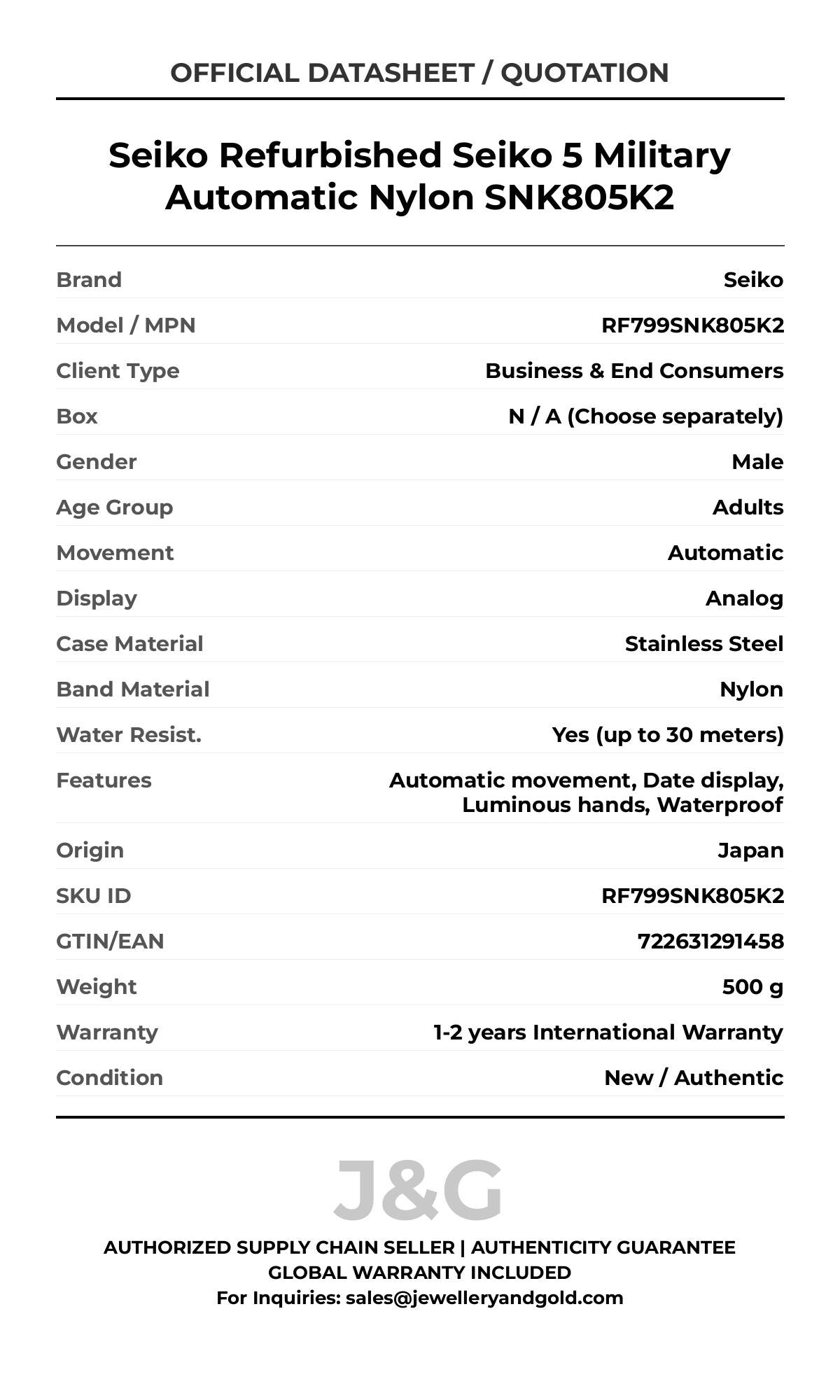 Seiko Refurbished Seiko 5 Military Automatic Nylon SNK805K2. A brand-new Seiko watch featuring a Nylon strap. Side view. - DS_FINAL