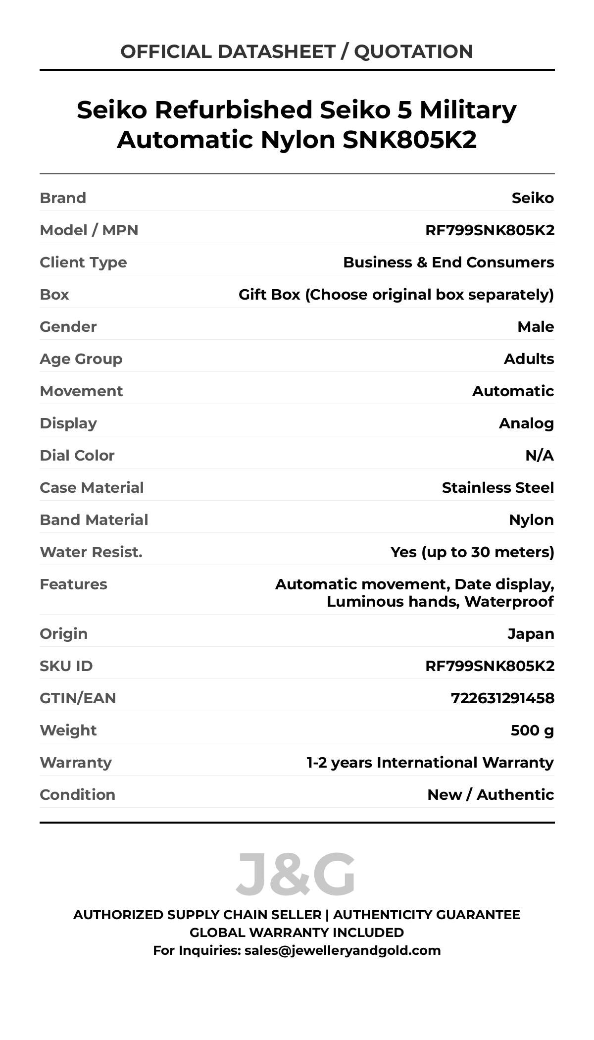Seiko Refurbished Seiko 5 Military Automatic Nylon SNK805K2. A brand-new Seiko watch featuring a N/A dial and a Nylon strap. Side view. - MAIN_PH