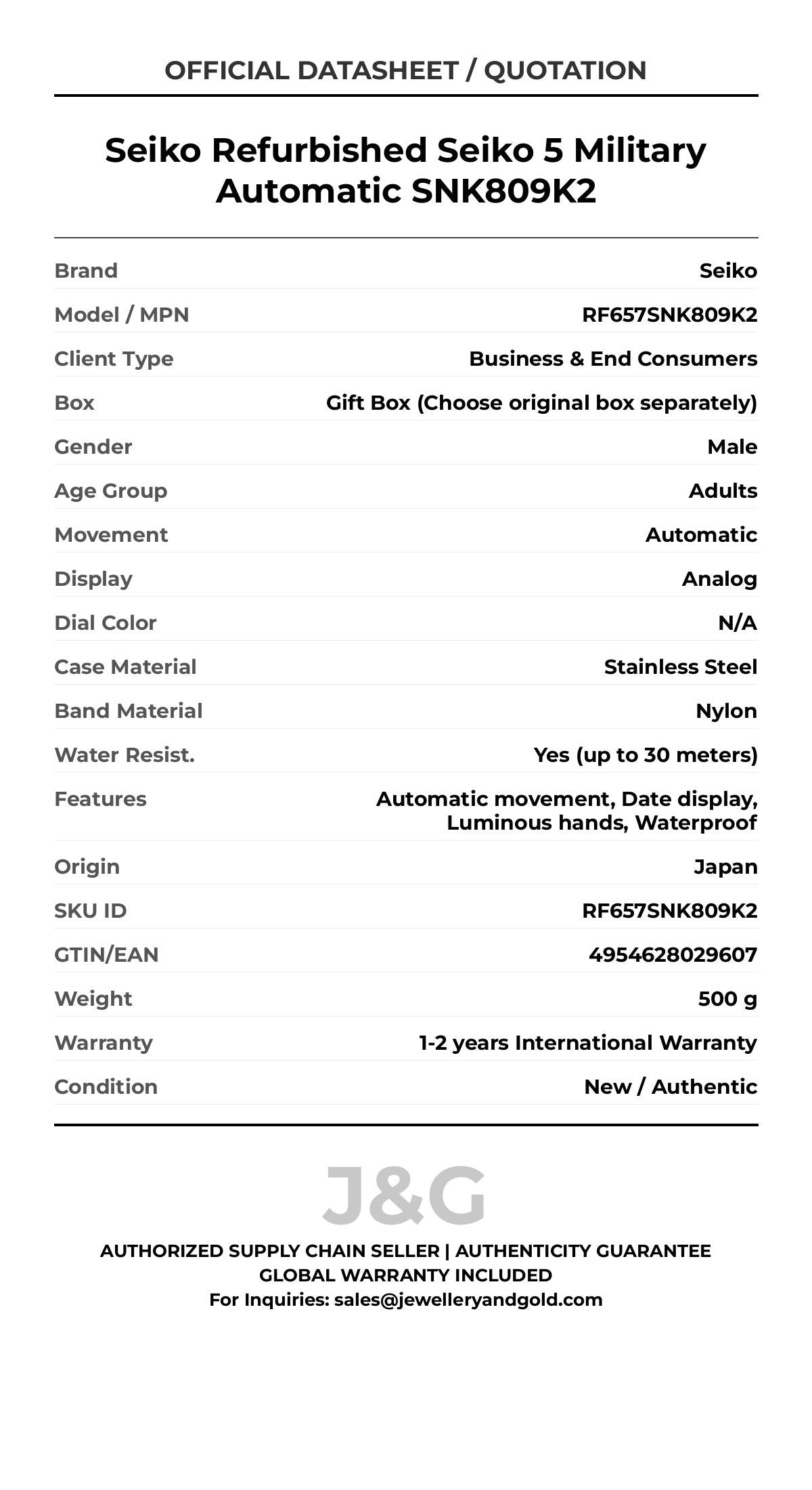 Seiko Refurbished Seiko 5 Military Automatic SNK809K2. A brand-new Seiko watch featuring a N/A dial and a Nylon strap. Front view. - MAIN_PH