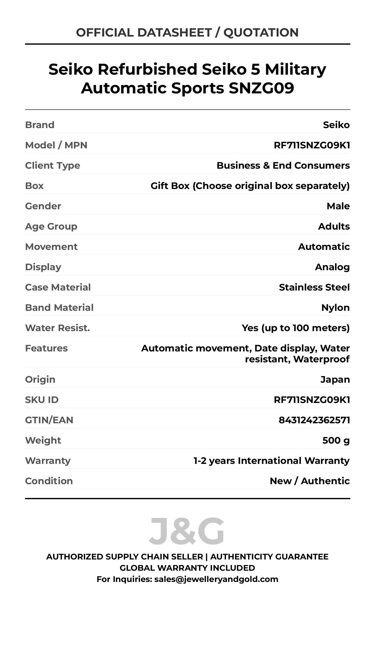 Seiko Refurbished Seiko 5 Military Automatic Sports SNZG09. A brand-new Seiko watch featuring a Nylon strap. Front view. - MAIN_PH