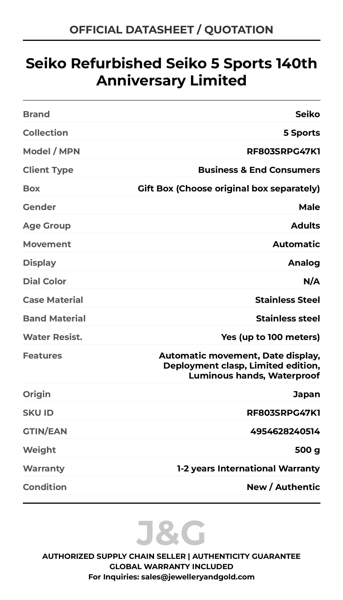Seiko Refurbished Seiko 5 Sports 140th Anniversary Limited. A brand-new Seiko 5 Sports watch featuring a N/A dial and a Stainless steel strap. Front view. - MAIN_PH