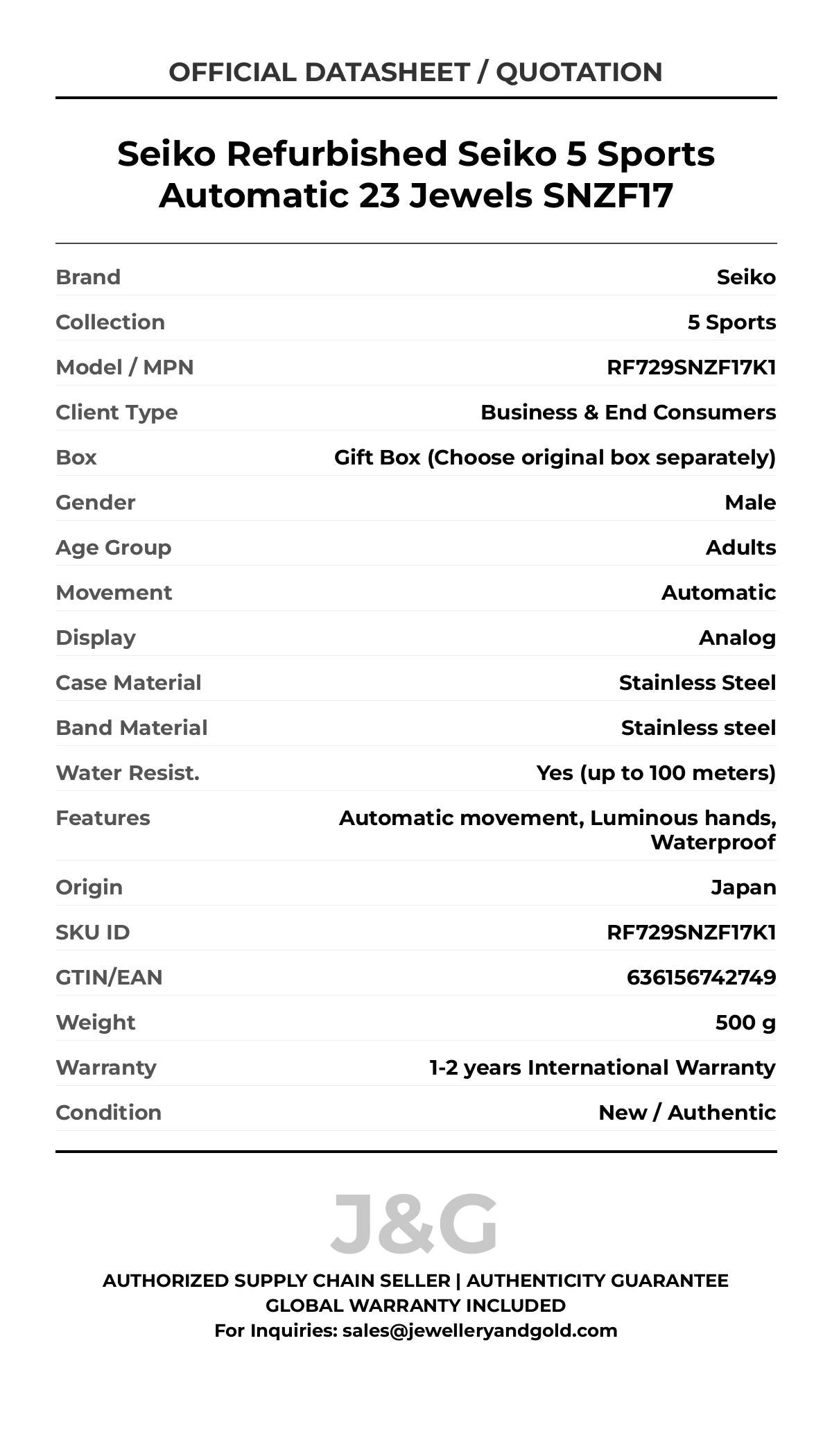 Seiko Refurbished Seiko 5 Sports Automatic 23 Jewels SNZF17. A brand-new Seiko 5 Sports watch featuring a Stainless steel strap. Front view. - MAIN_PH