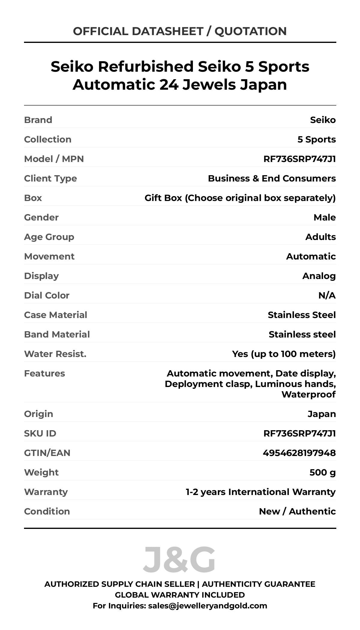 Seiko Refurbished Seiko 5 Sports Automatic 24 Jewels Japan. A brand-new Seiko 5 Sports watch featuring a N/A dial and a Stainless steel strap. Front view. - MAIN_PH