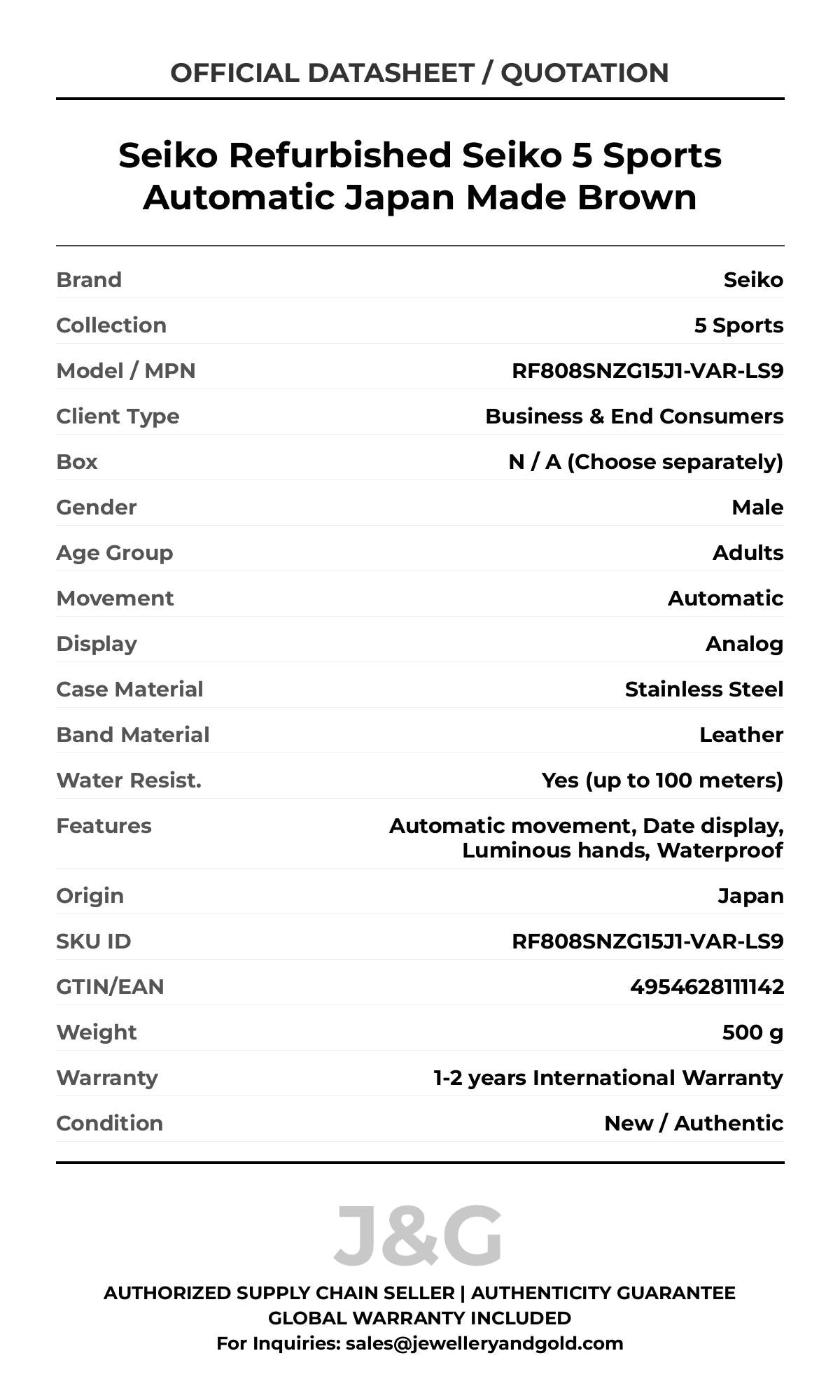 Seiko Refurbished Seiko 5 Sports Automatic Japan Made Brown. A brand-new Seiko 5 Sports watch featuring a Leather strap. Front view. - DS_FINAL