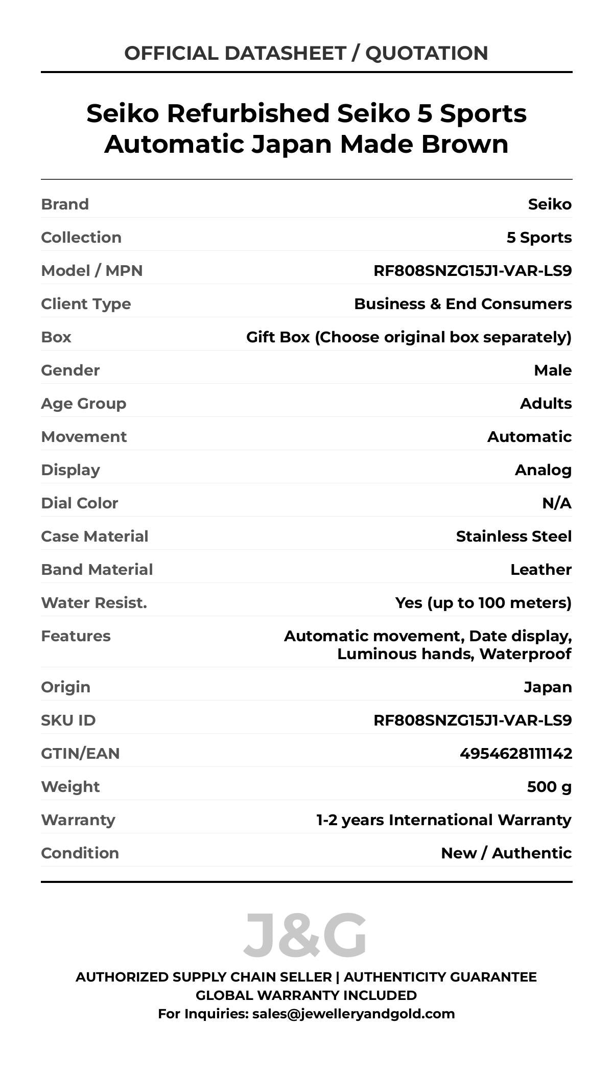 Seiko Refurbished Seiko 5 Sports Automatic Japan Made Brown. A brand-new Seiko 5 Sports watch featuring a N/A dial and a Leather strap. Angled view. - MAIN_PH