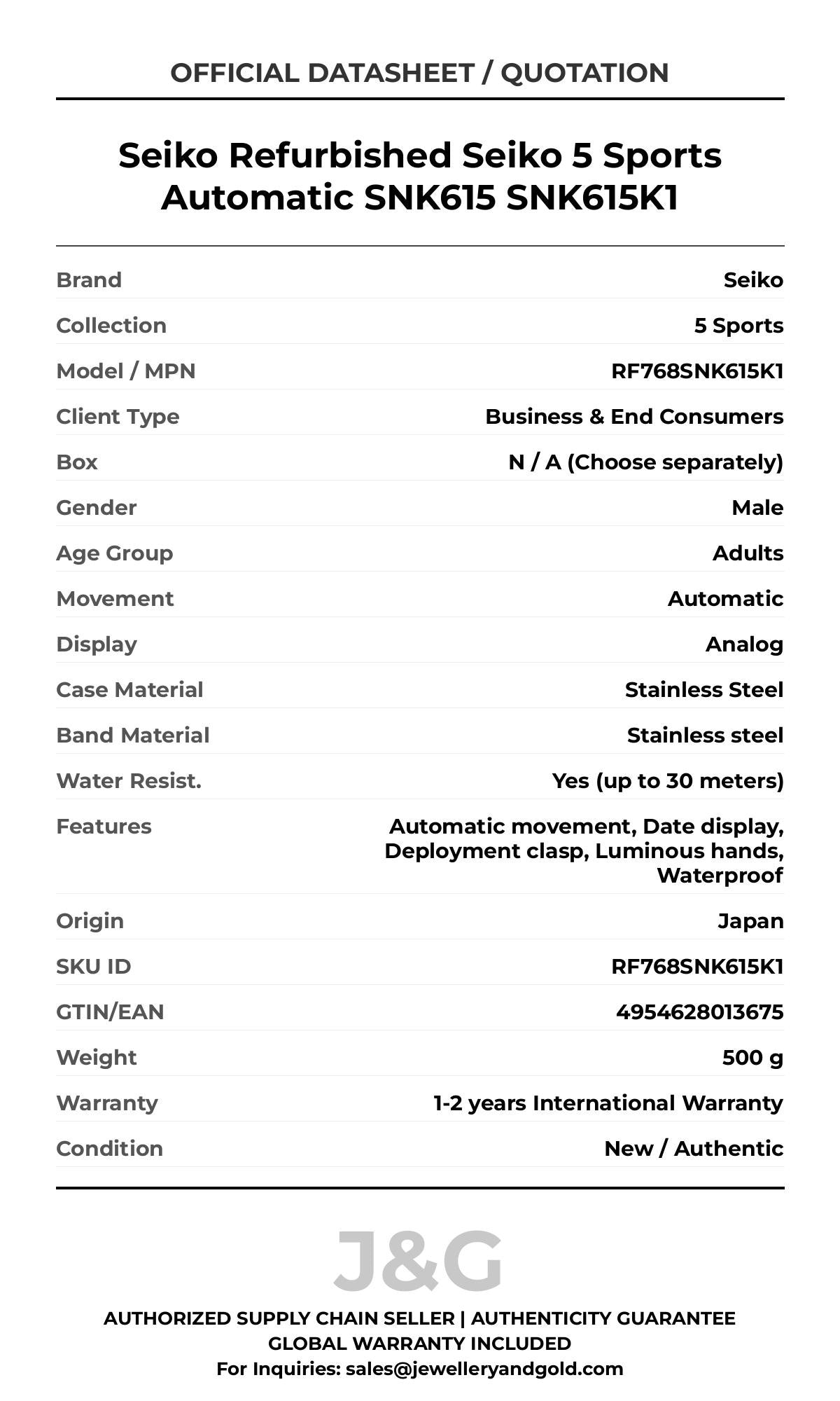 Seiko Refurbished Seiko 5 Sports Automatic SNK615 SNK615K1. A brand-new Seiko 5 Sports watch featuring a Stainless steel strap. Side view. - DS_FINAL