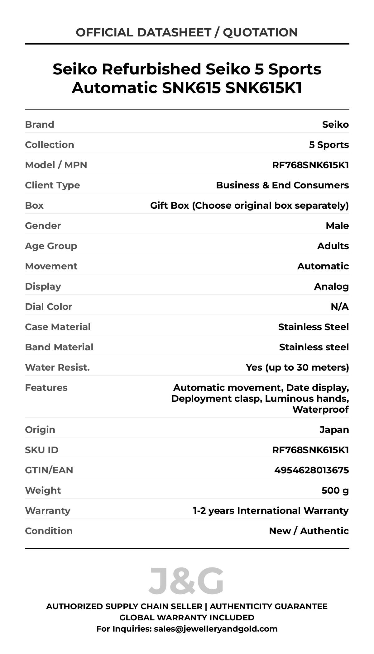 Seiko Refurbished Seiko 5 Sports Automatic SNK615 SNK615K1. A brand-new Seiko 5 Sports watch featuring a N/A dial and a Stainless steel strap. Angled view. - MAIN_PH