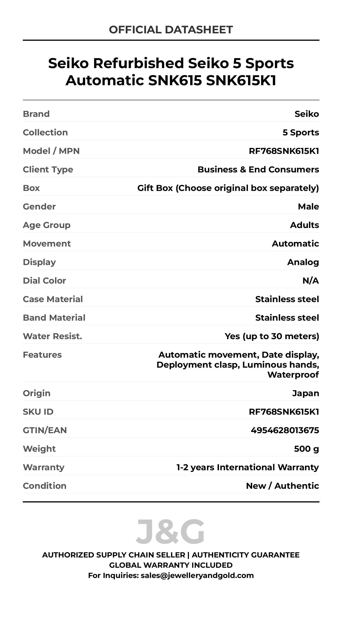 Seiko Refurbished Seiko 5 Sports Automatic SNK615 SNK615K1. A brand-new Seiko 5 Sports watch featuring a N/A dial and a Stainless steel strap. Front view. - MAIN_PH
