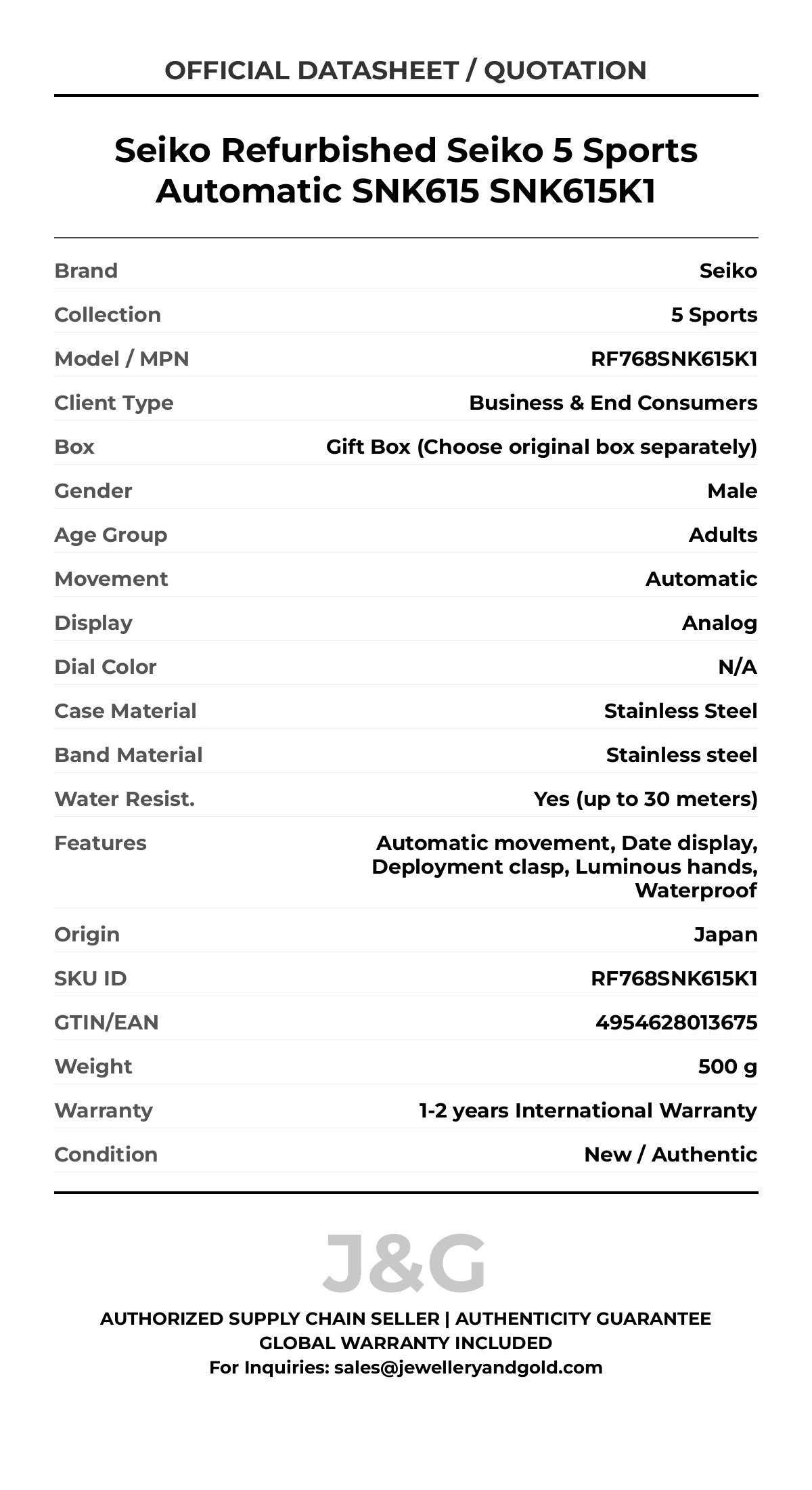 Seiko Refurbished Seiko 5 Sports Automatic SNK615 SNK615K1. A brand-new Seiko 5 Sports watch featuring a N/A dial and a Stainless steel strap. Side view. - MAIN_PH