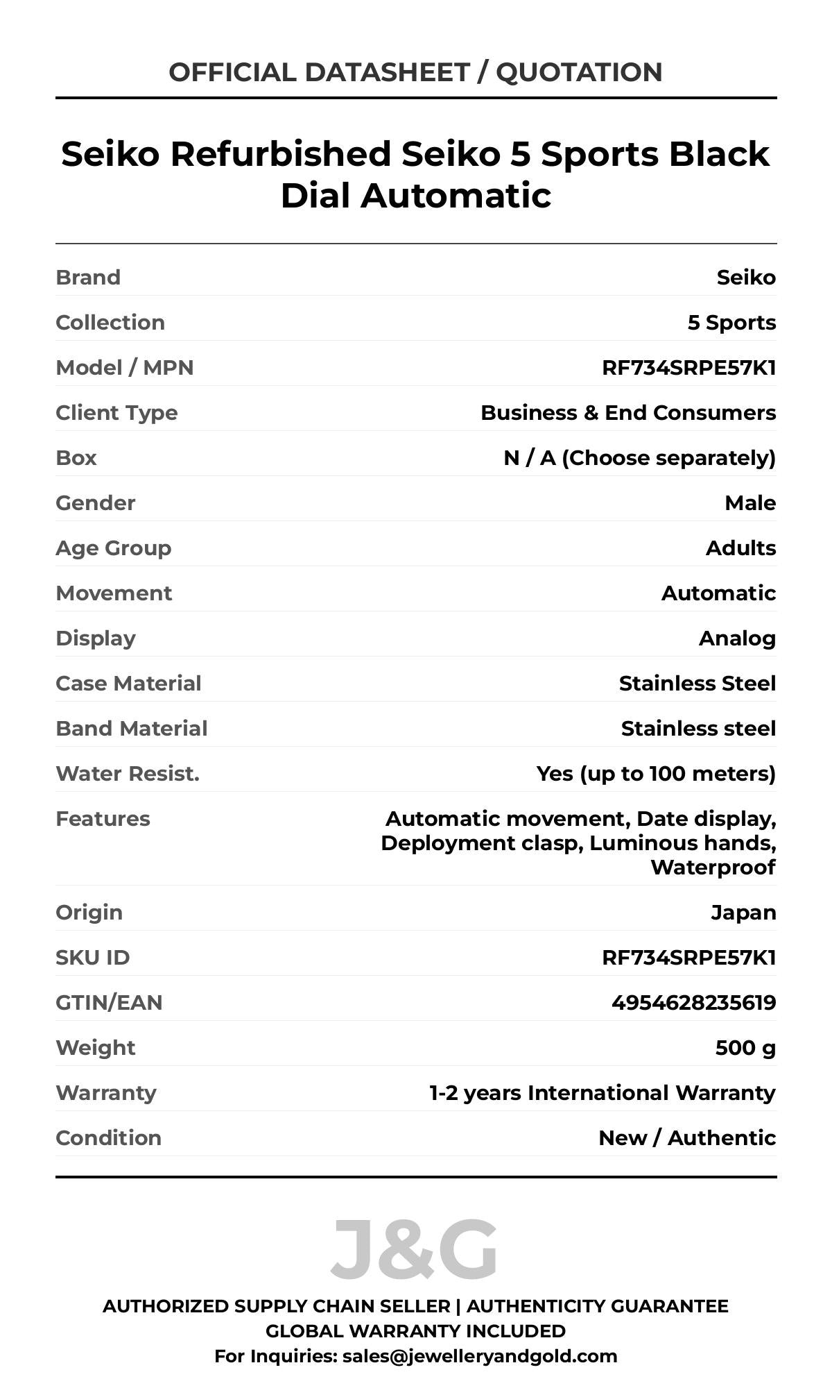 Seiko Refurbished Seiko 5 Sports Black Dial Automatic. A brand-new Seiko 5 Sports watch featuring a Stainless steel strap. Angled view. - DS_FINAL