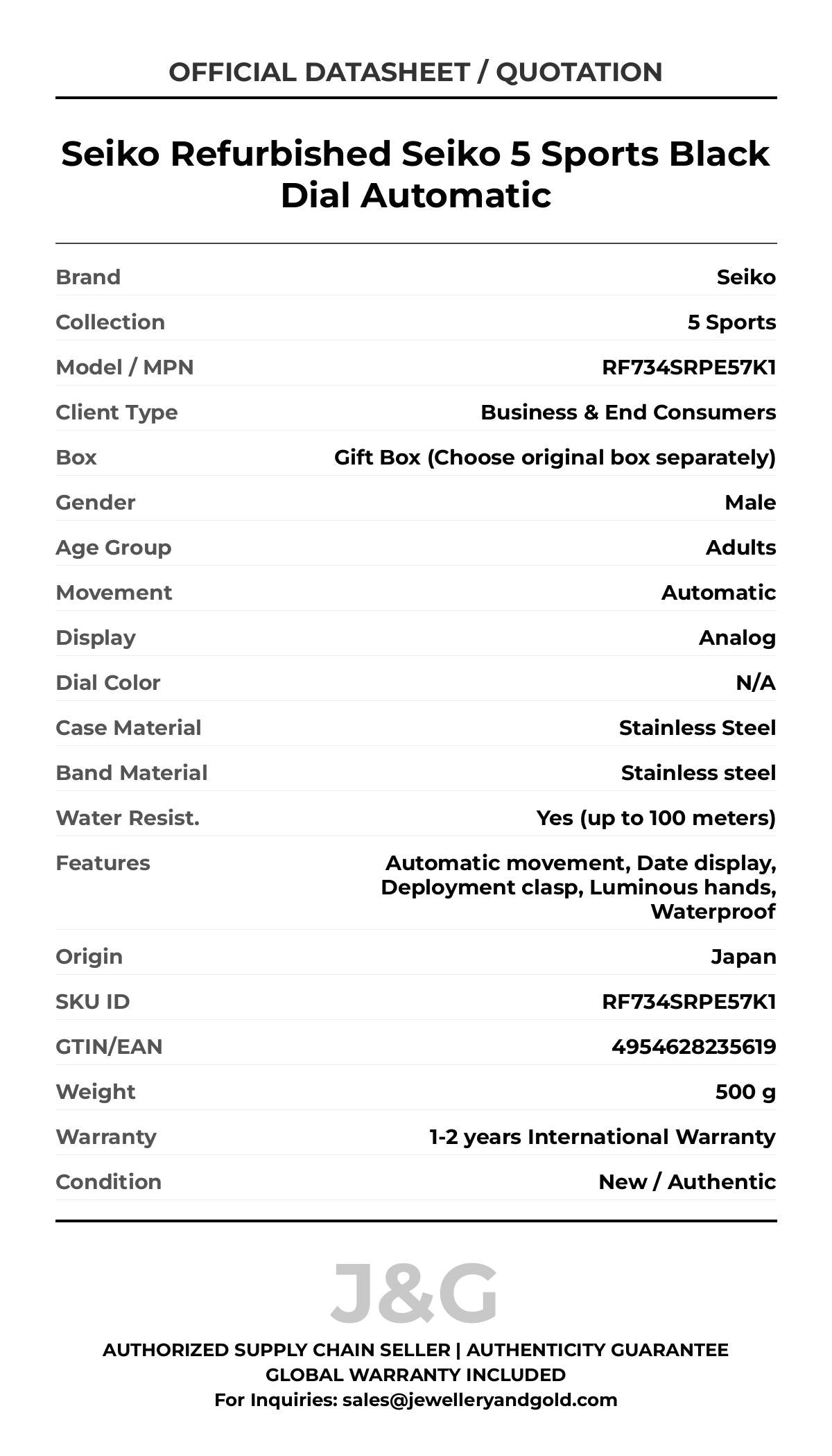 Seiko Refurbished Seiko 5 Sports Black Dial Automatic. A brand-new Seiko 5 Sports watch featuring a N/A dial and a Stainless steel strap. Side view. - MAIN_PH