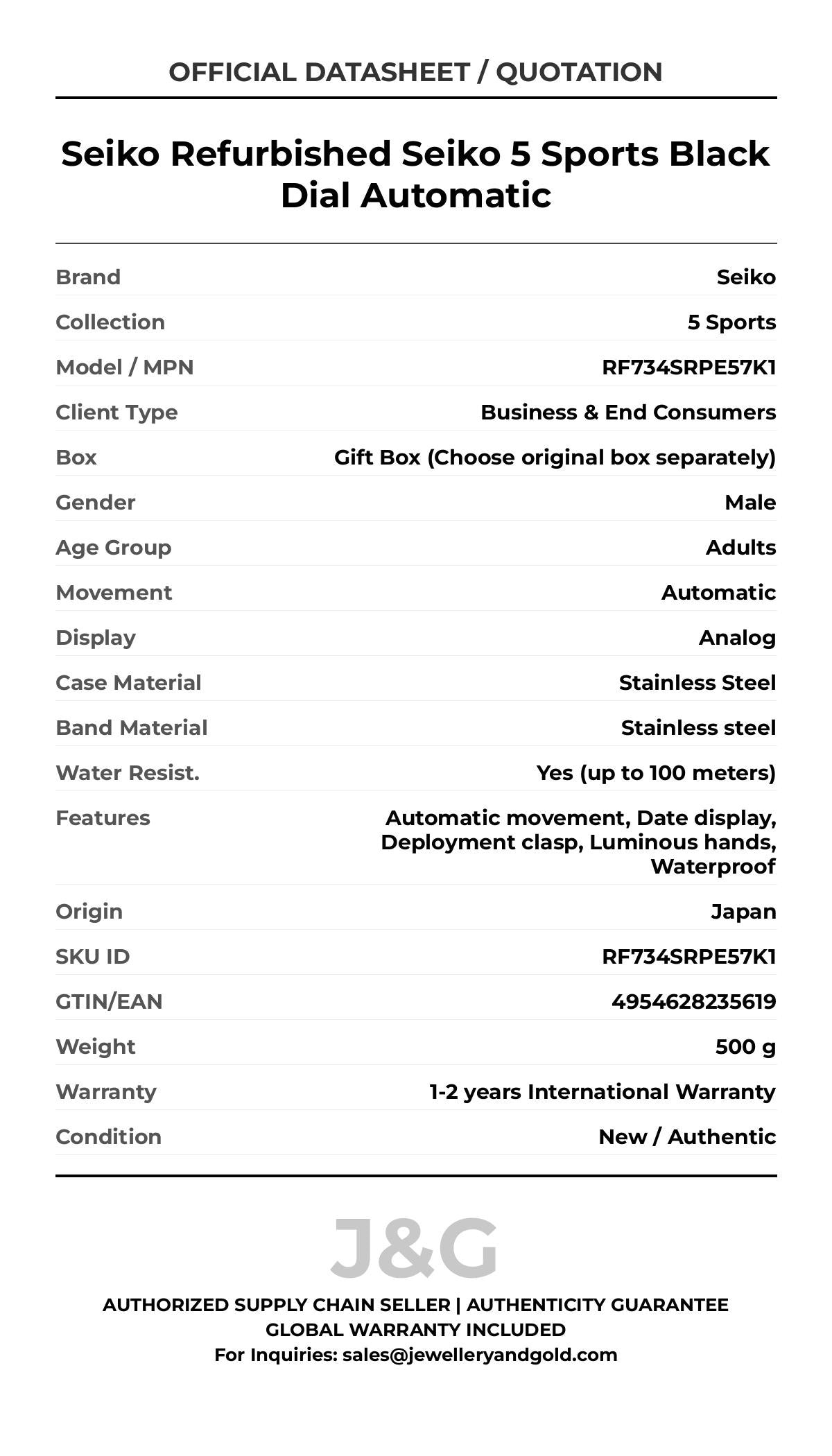 Seiko Refurbished Seiko 5 Sports Black Dial Automatic. A brand-new Seiko 5 Sports watch featuring a Stainless steel strap. Angled view. - MAIN_PH