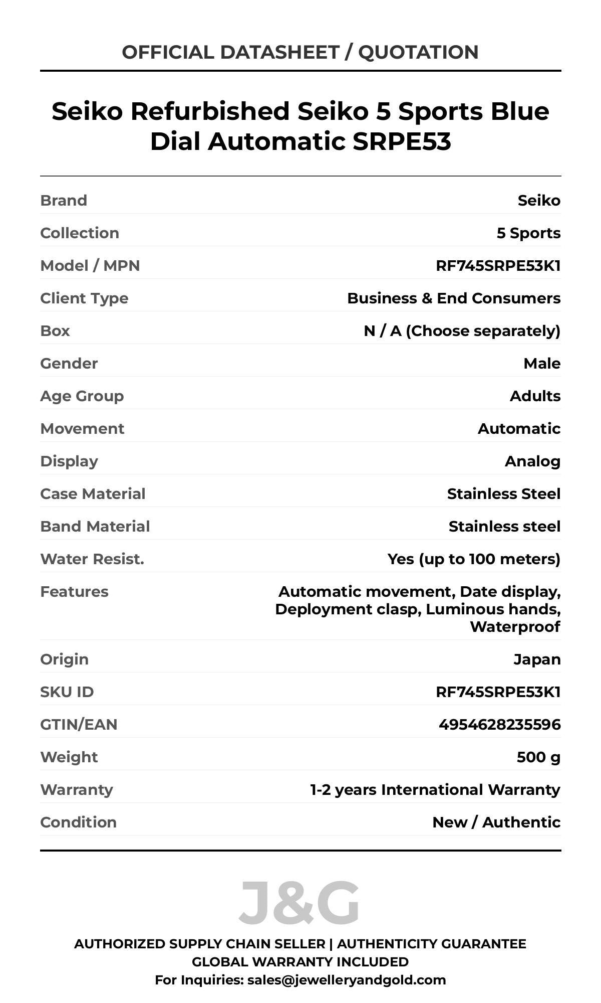 Seiko Refurbished Seiko 5 Sports Blue Dial Automatic SRPE53. A brand-new Seiko 5 Sports watch featuring a Stainless steel strap. Angled view. - DS_FINAL