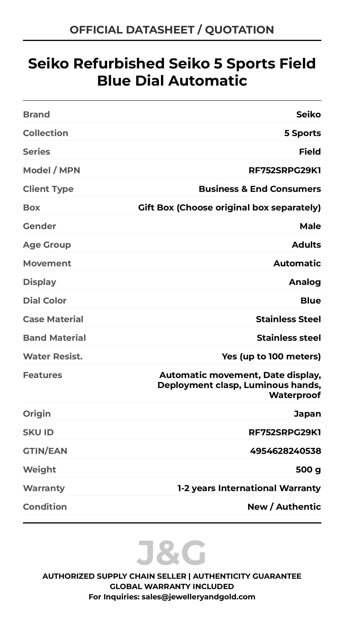 Seiko Refurbished Seiko 5 Sports Field Blue Dial Automatic. A brand-new Seiko 5 Sports watch featuring a Blue dial and a Stainless steel strap. Front view. - MAIN_PH