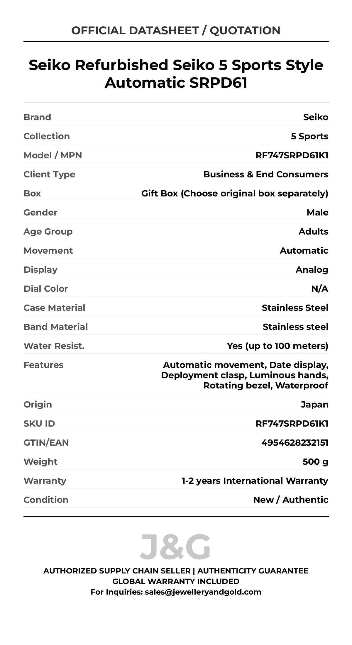 Seiko Refurbished Seiko 5 Sports Style Automatic SRPD61. A brand-new Seiko 5 Sports watch featuring a N/A dial and a Stainless steel strap. Angled view. - MAIN_PH