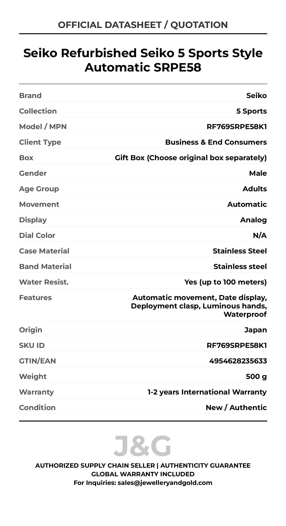 Seiko Refurbished Seiko 5 Sports Style Automatic SRPE58. A brand-new Seiko 5 Sports watch featuring a N/A dial and a Stainless steel strap. Front view. - MAIN_PH