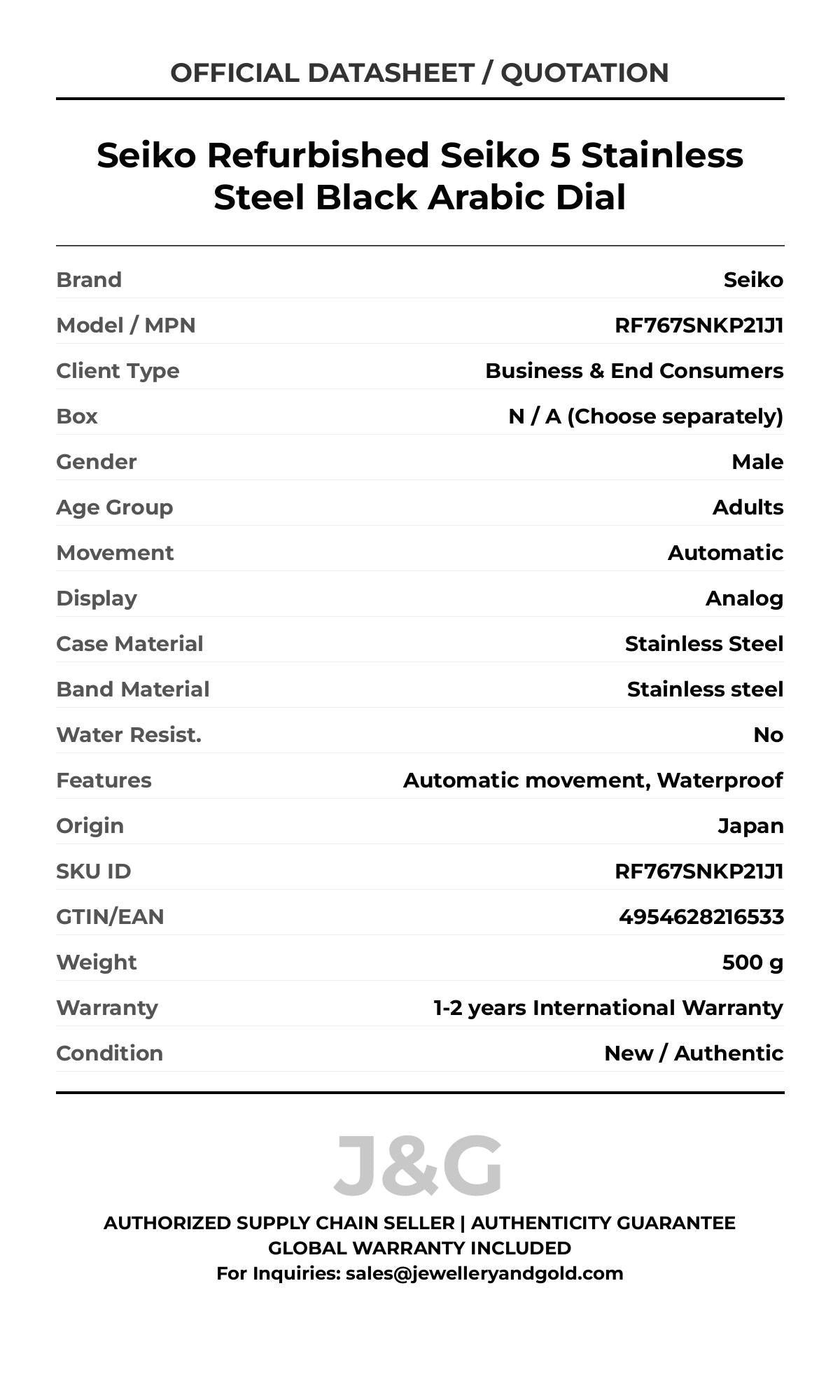 Seiko Refurbished Seiko 5 Stainless Steel Black Arabic Dial. A brand-new Seiko watch featuring a Stainless steel strap. Angled view. - DS_FINAL