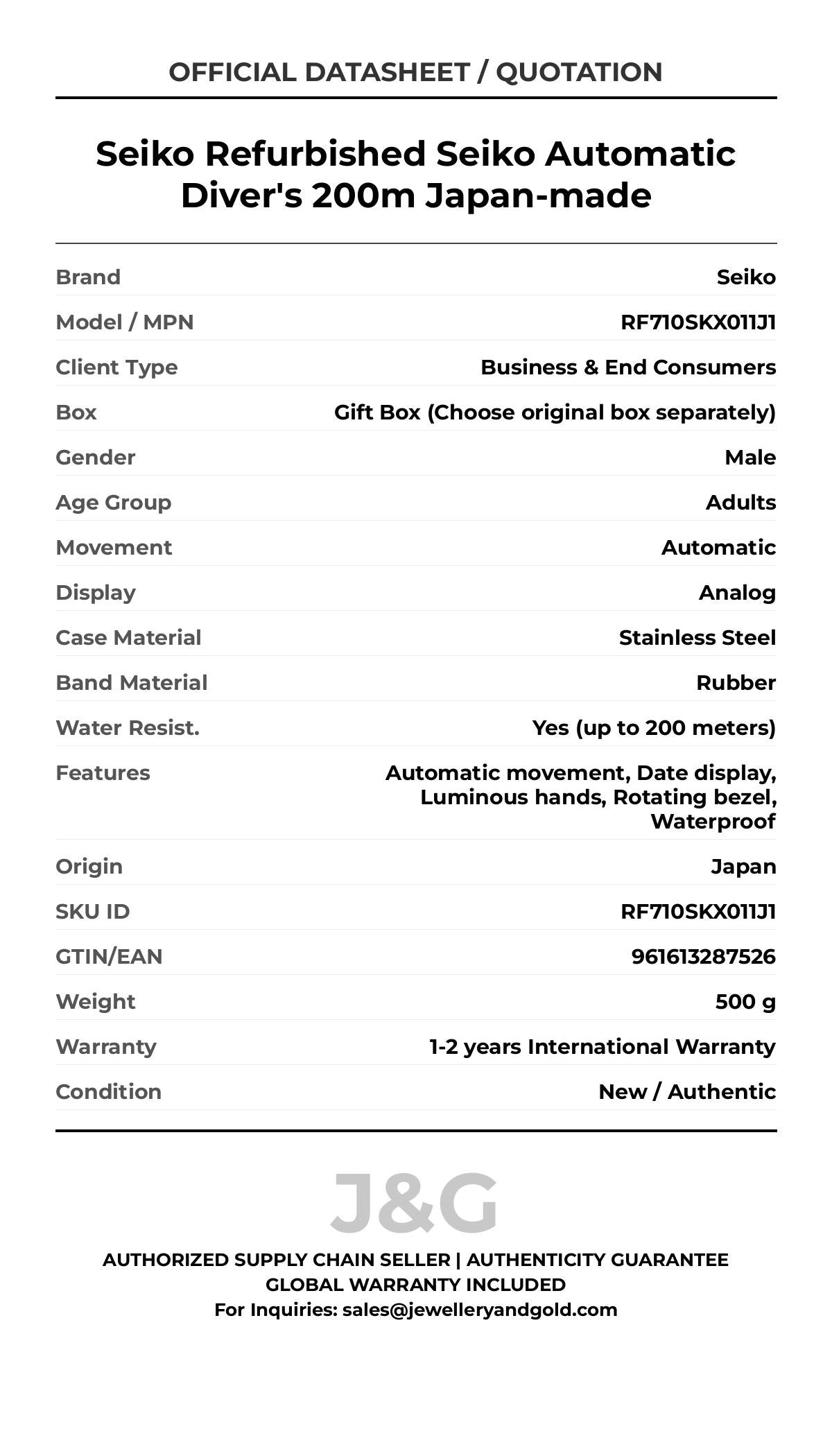 Seiko Refurbished Seiko Automatic Diver's 200m Japan-made. A brand-new Seiko watch featuring a Rubber strap. Side view. - MAIN_PH