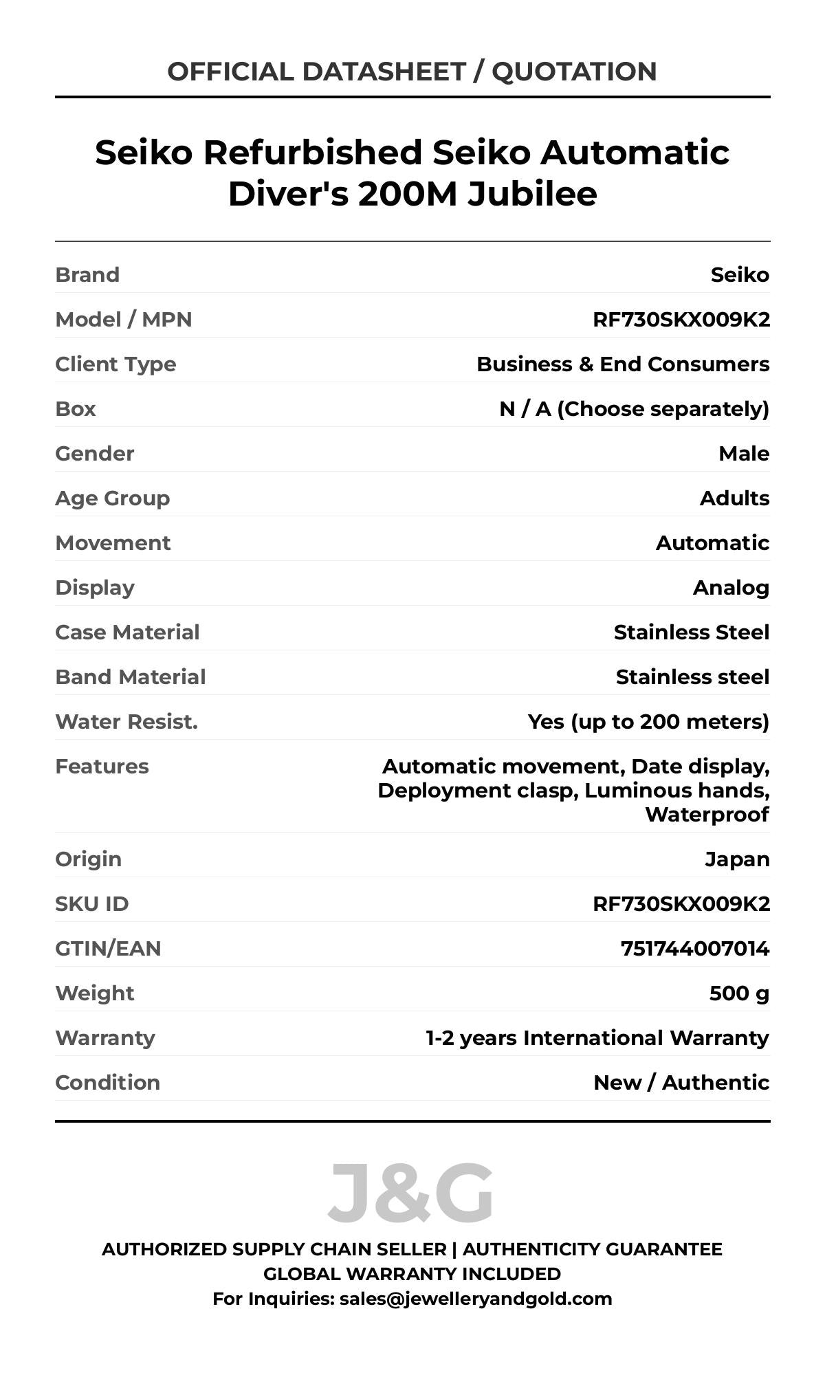 Seiko Refurbished Seiko Automatic Diver's 200M Jubilee. A brand-new Seiko watch featuring a Stainless steel strap. Side view. - DS_FINAL