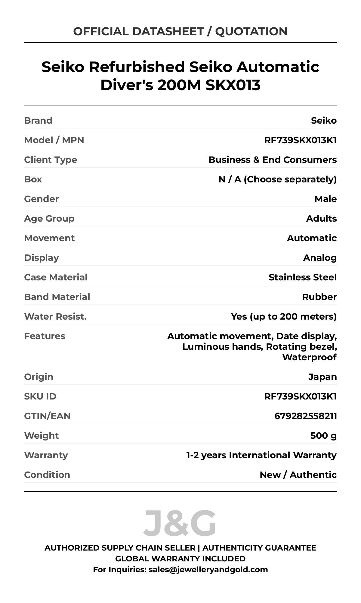 Seiko Refurbished Seiko Automatic Diver's 200M SKX013. A brand-new Seiko watch featuring a Rubber strap. Angled view. - DS_FINAL