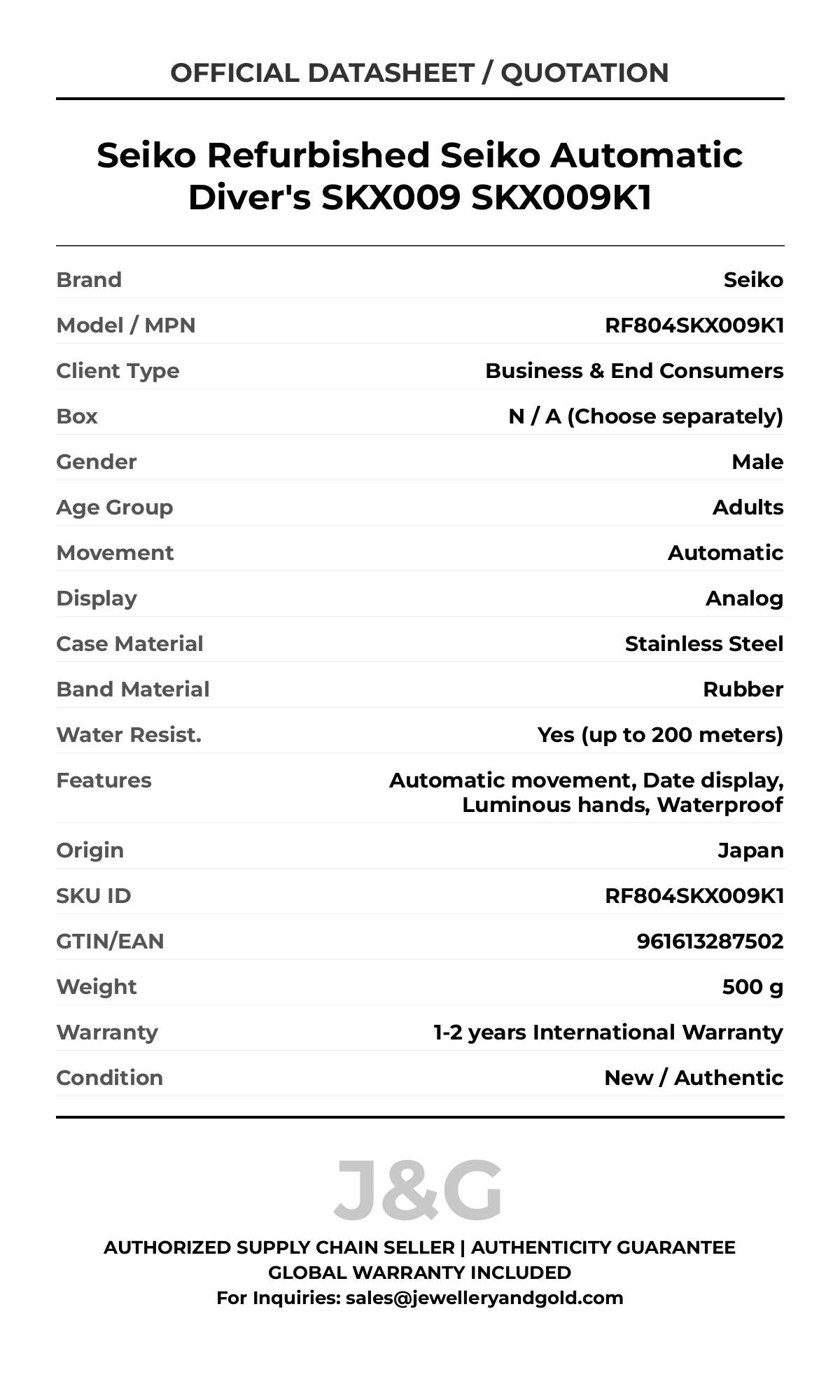 Seiko Refurbished Seiko Automatic Diver's SKX009 SKX009K1. A brand-new Seiko watch featuring a Rubber strap. Side view. - DS_FINAL