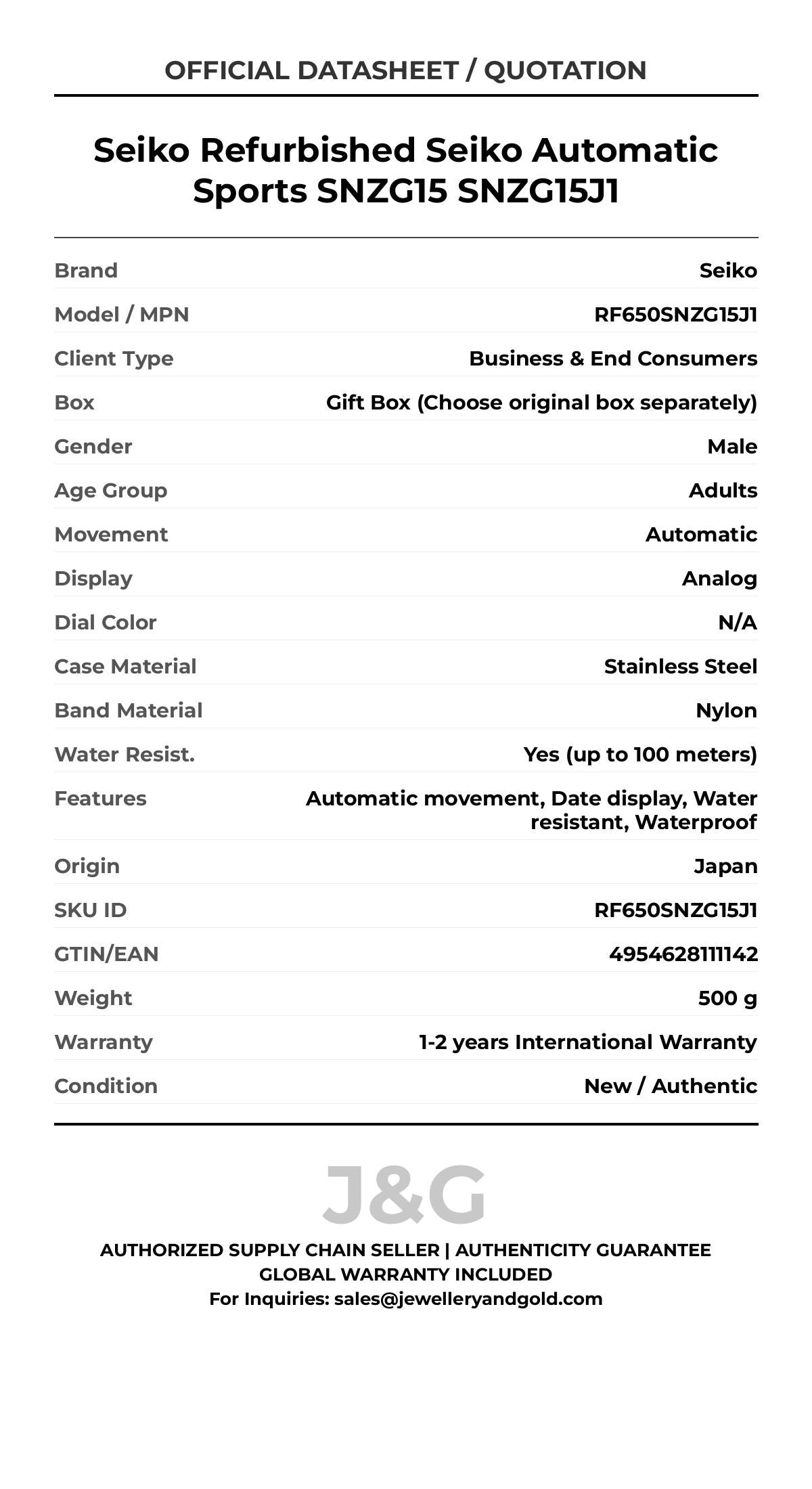 Seiko Refurbished Seiko Automatic Sports SNZG15 SNZG15J1. A brand-new Seiko watch featuring a N/A dial and a Nylon strap. Side view. - MAIN_PH