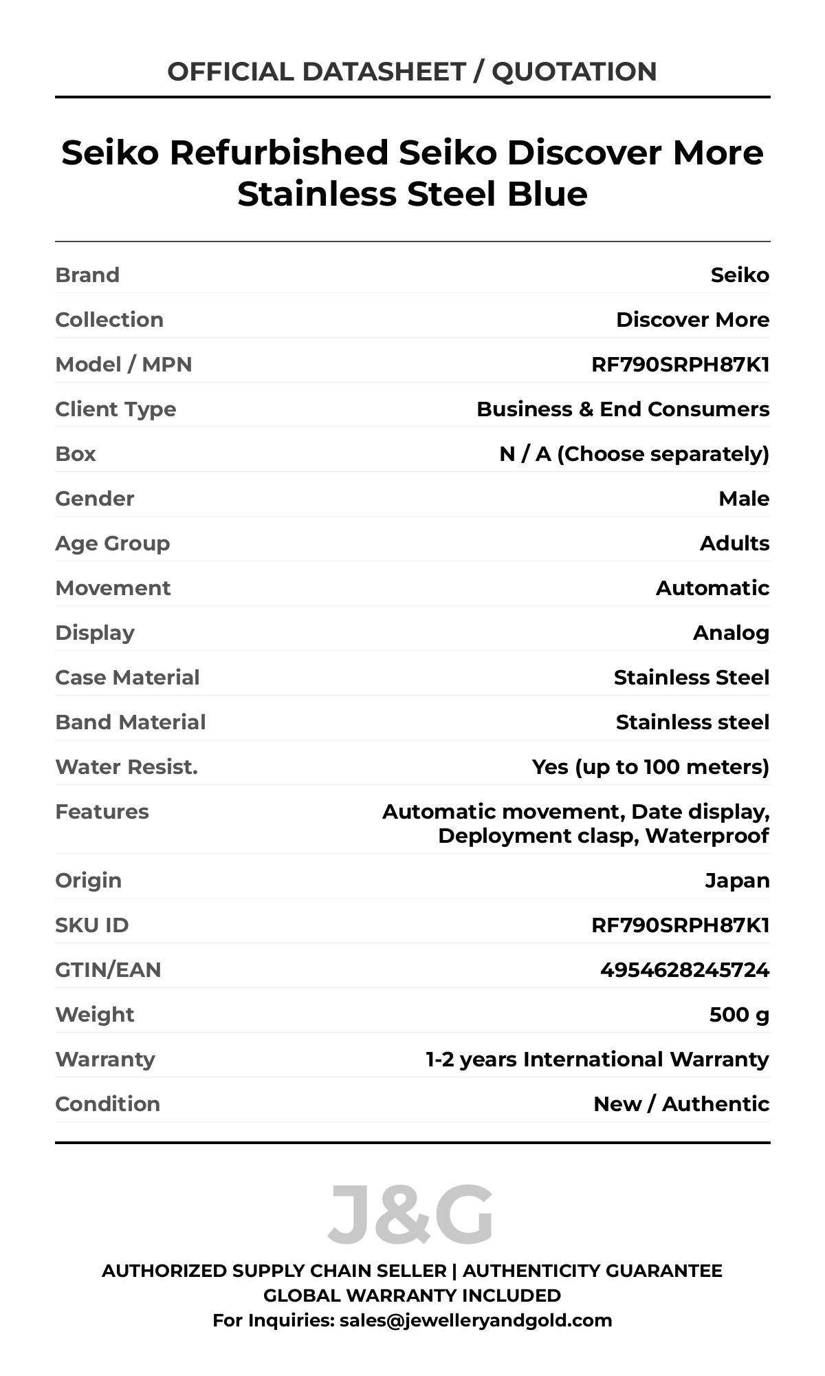 Seiko Refurbished Seiko Discover More Stainless Steel Blue. A brand-new Seiko Discover More watch featuring a Stainless steel strap. Angled view. - DS_FINAL