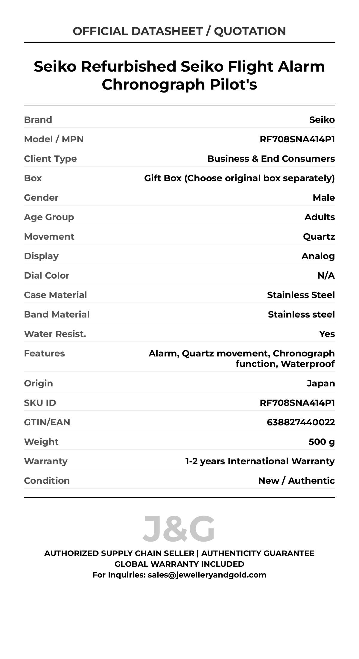 Seiko Refurbished Seiko Flight Alarm Chronograph Pilot's. A brand-new Seiko watch featuring a N/A dial and a Stainless steel strap. Front view. - MAIN_PH