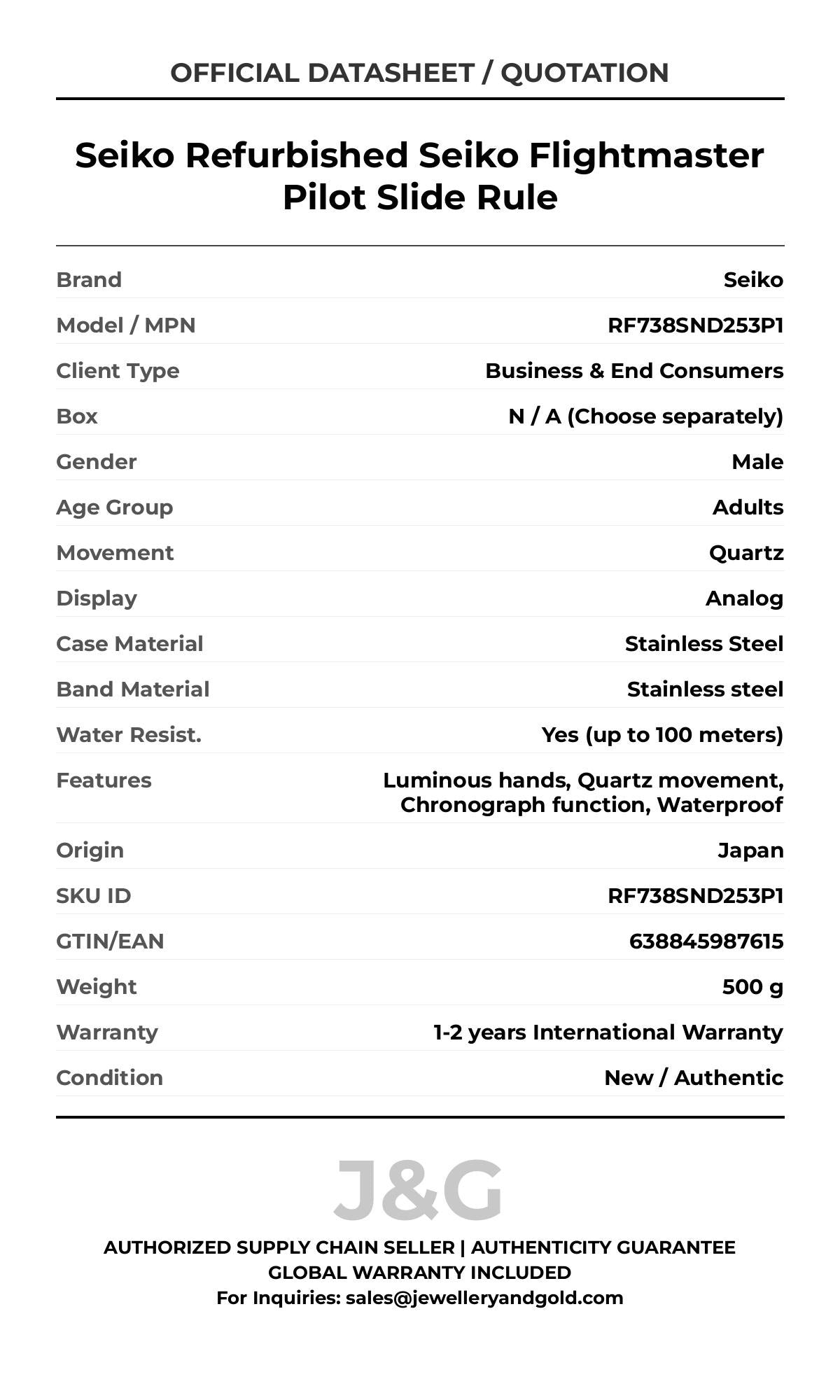 Seiko Refurbished Seiko Flightmaster Pilot Slide Rule. A brand-new Seiko watch featuring a Stainless steel strap. Front view. - DS_FINAL