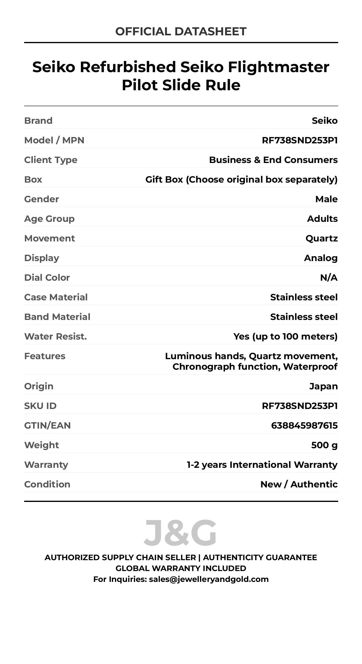 Seiko Refurbished Seiko Flightmaster Pilot Slide Rule. A brand-new Seiko watch featuring a N/A dial and a Stainless steel strap. Side view. - MAIN_PH