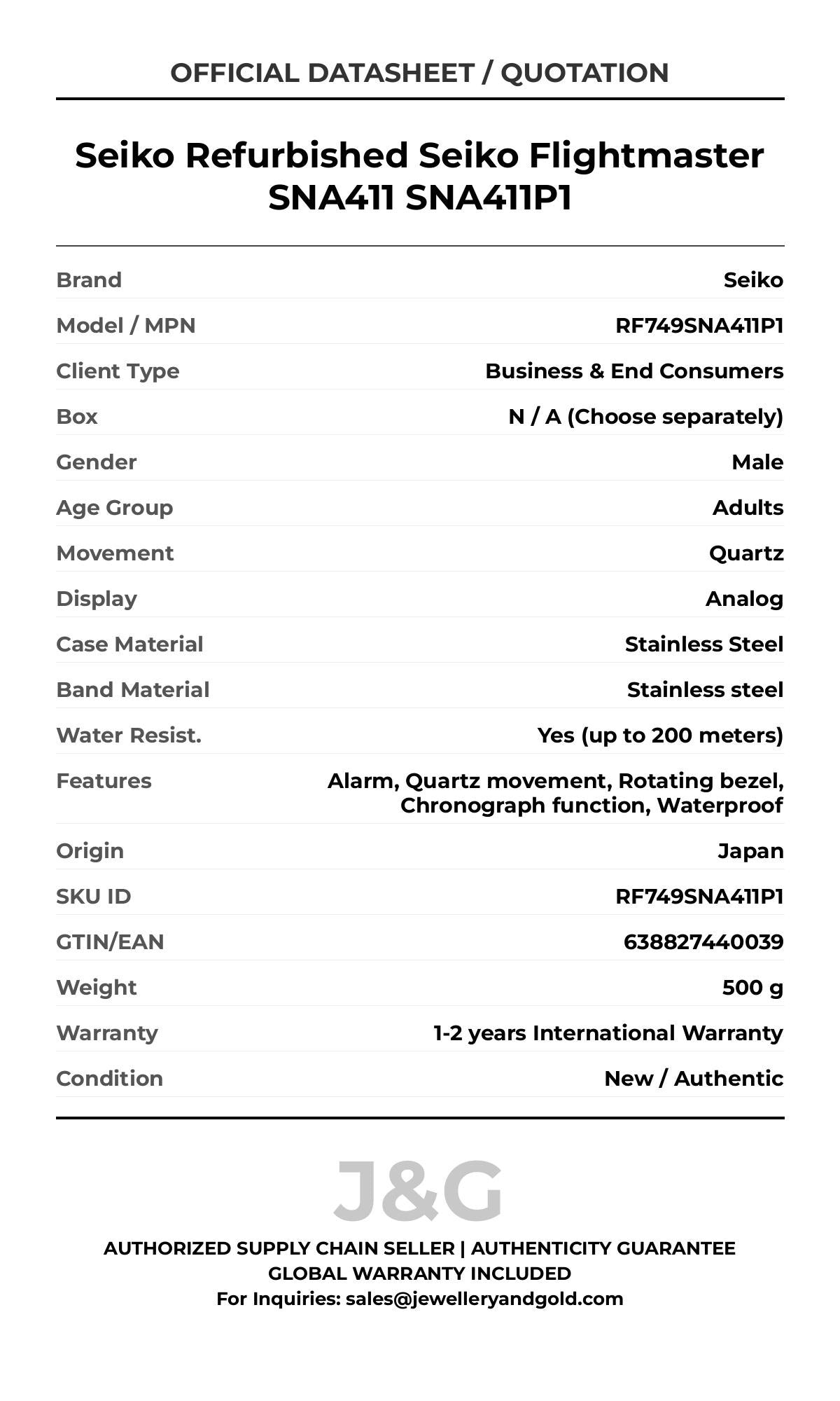 Seiko Refurbished Seiko Flightmaster SNA411 SNA411P1. A brand-new Seiko watch featuring a Stainless steel strap. Side view. - DS_FINAL