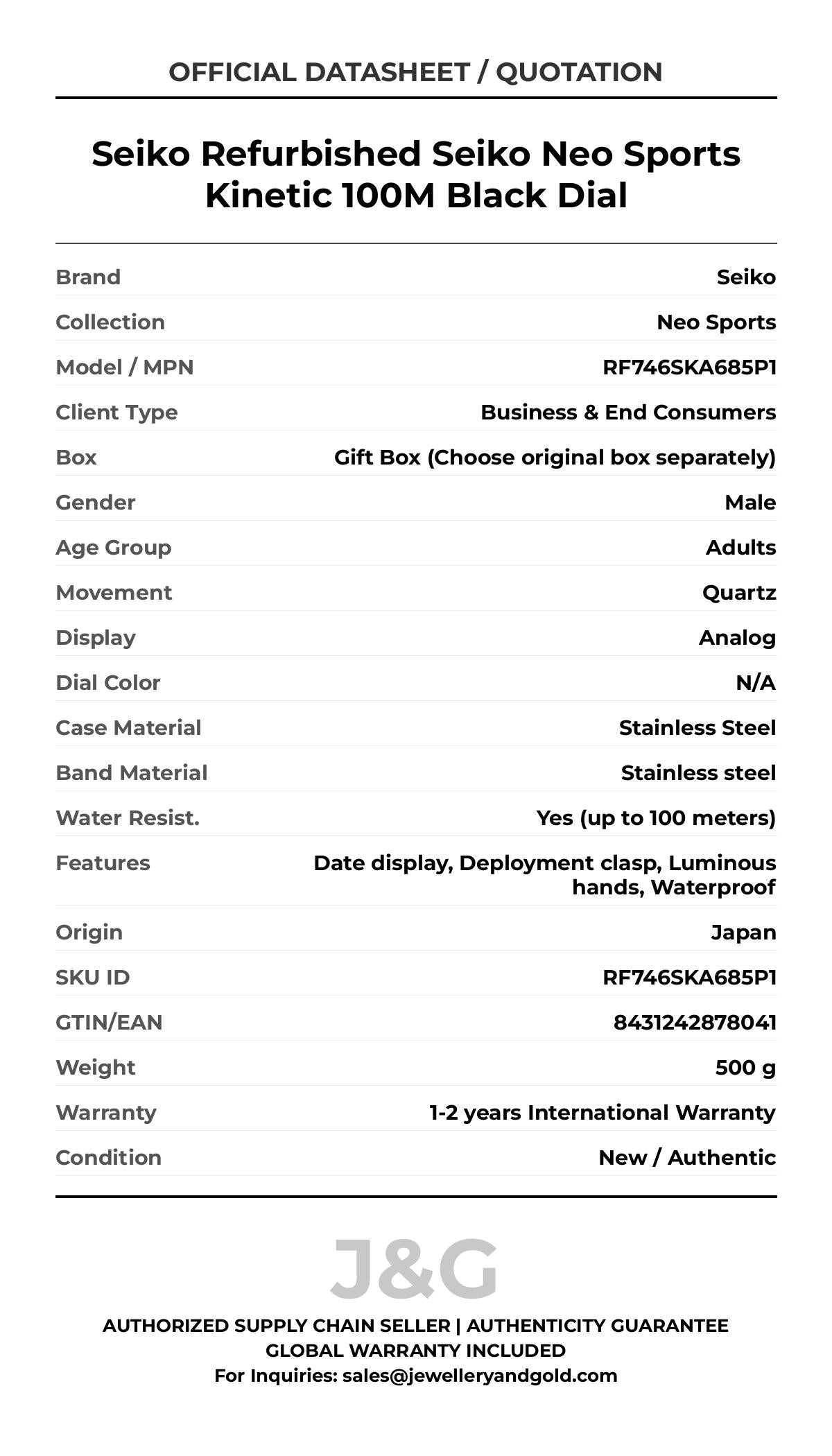 Seiko Refurbished Seiko Neo Sports Kinetic 100M Black Dial. A brand-new Seiko Neo Sports watch featuring a N/A dial and a Stainless steel strap. Angled view. - MAIN_PH