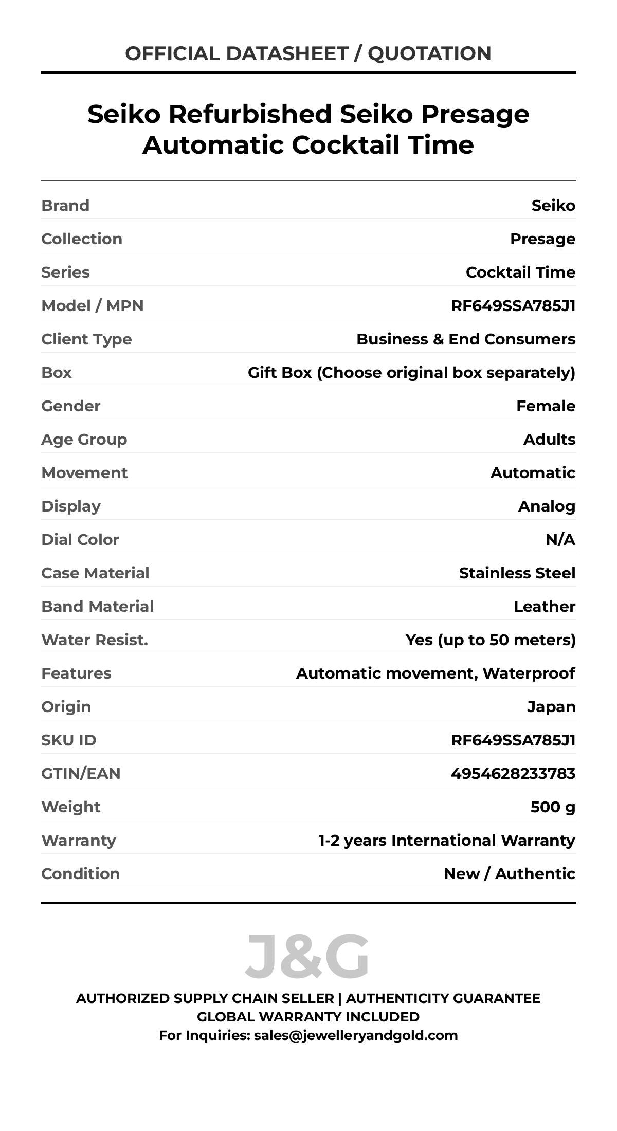 Seiko Refurbished Seiko Presage Automatic Cocktail Time. A brand-new Seiko Presage watch featuring a N/A dial and a Leather strap. Side view. - MAIN_PH