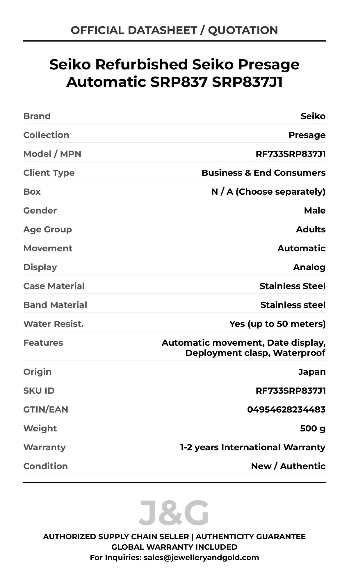 Seiko Refurbished Seiko Presage Automatic SRP837 SRP837J1. A brand-new Seiko Presage watch featuring a Stainless steel strap. Front view. - DS_FINAL