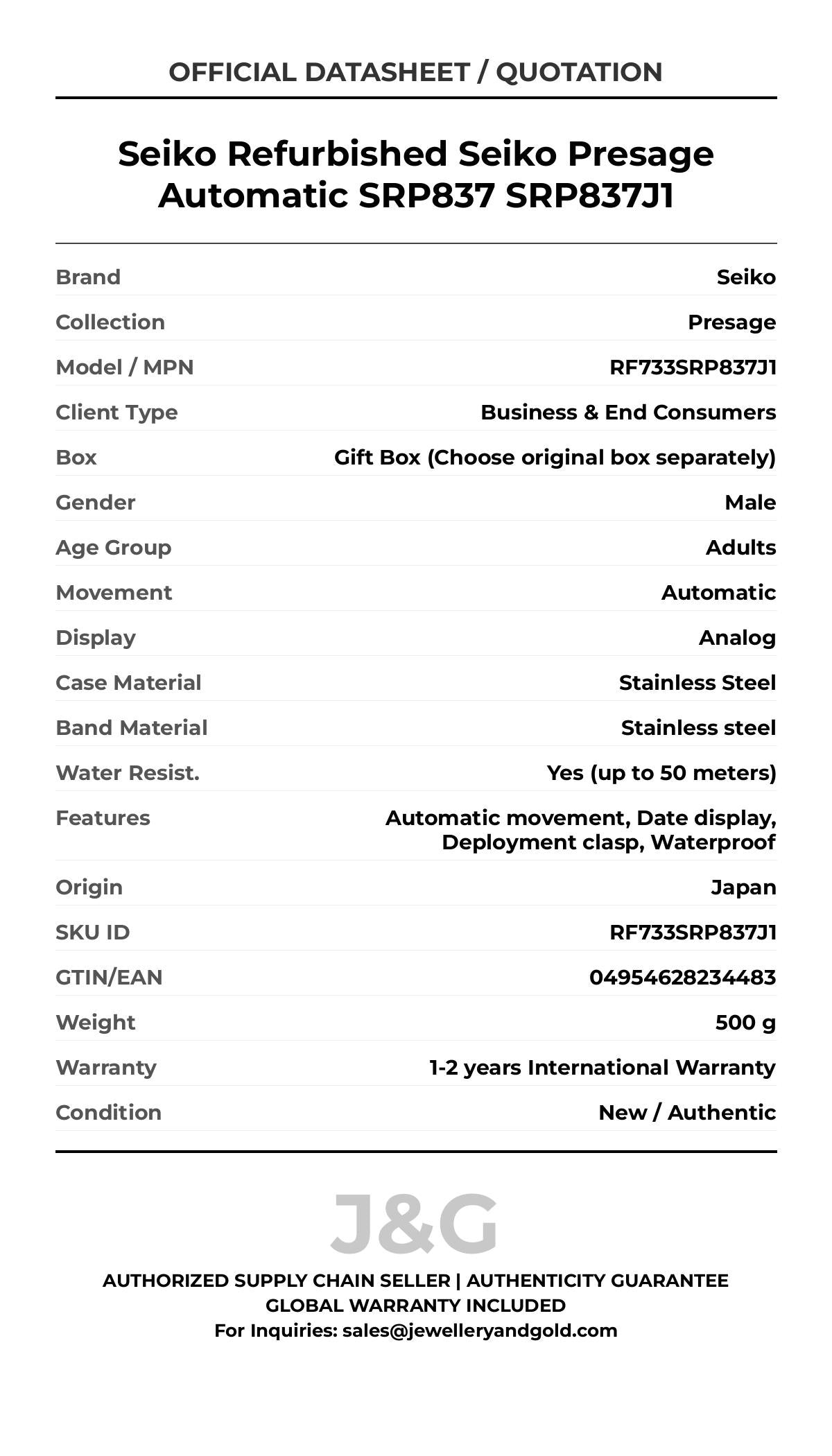 Seiko Refurbished Seiko Presage Automatic SRP837 SRP837J1. A brand-new Seiko Presage watch featuring a Stainless steel strap. Side view. - MAIN_PH