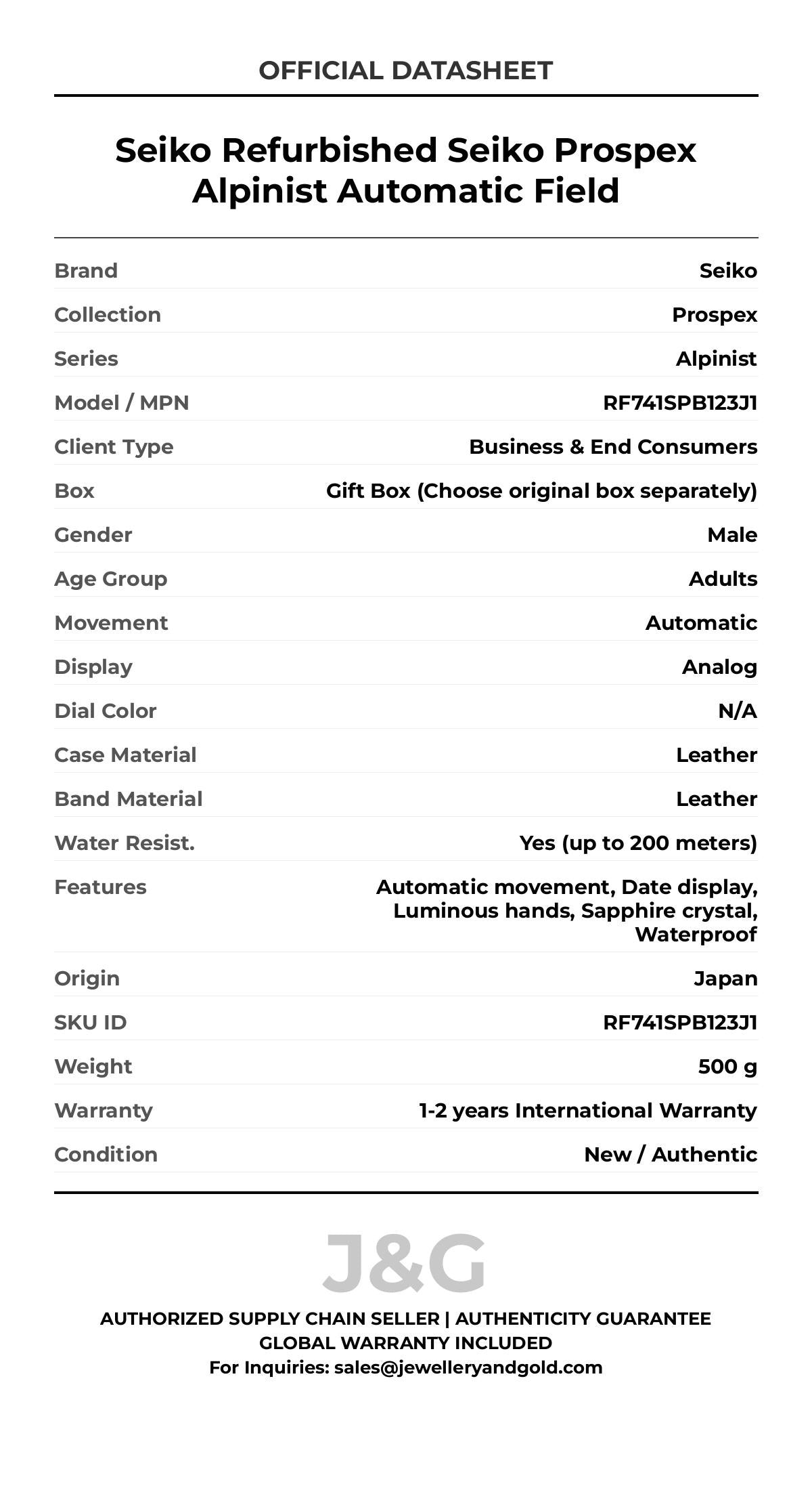 Seiko Refurbished Seiko Prospex Alpinist Automatic Field. A brand-new Seiko Prospex watch featuring a N/A dial and a Leather strap. Front view. - MAIN_PH