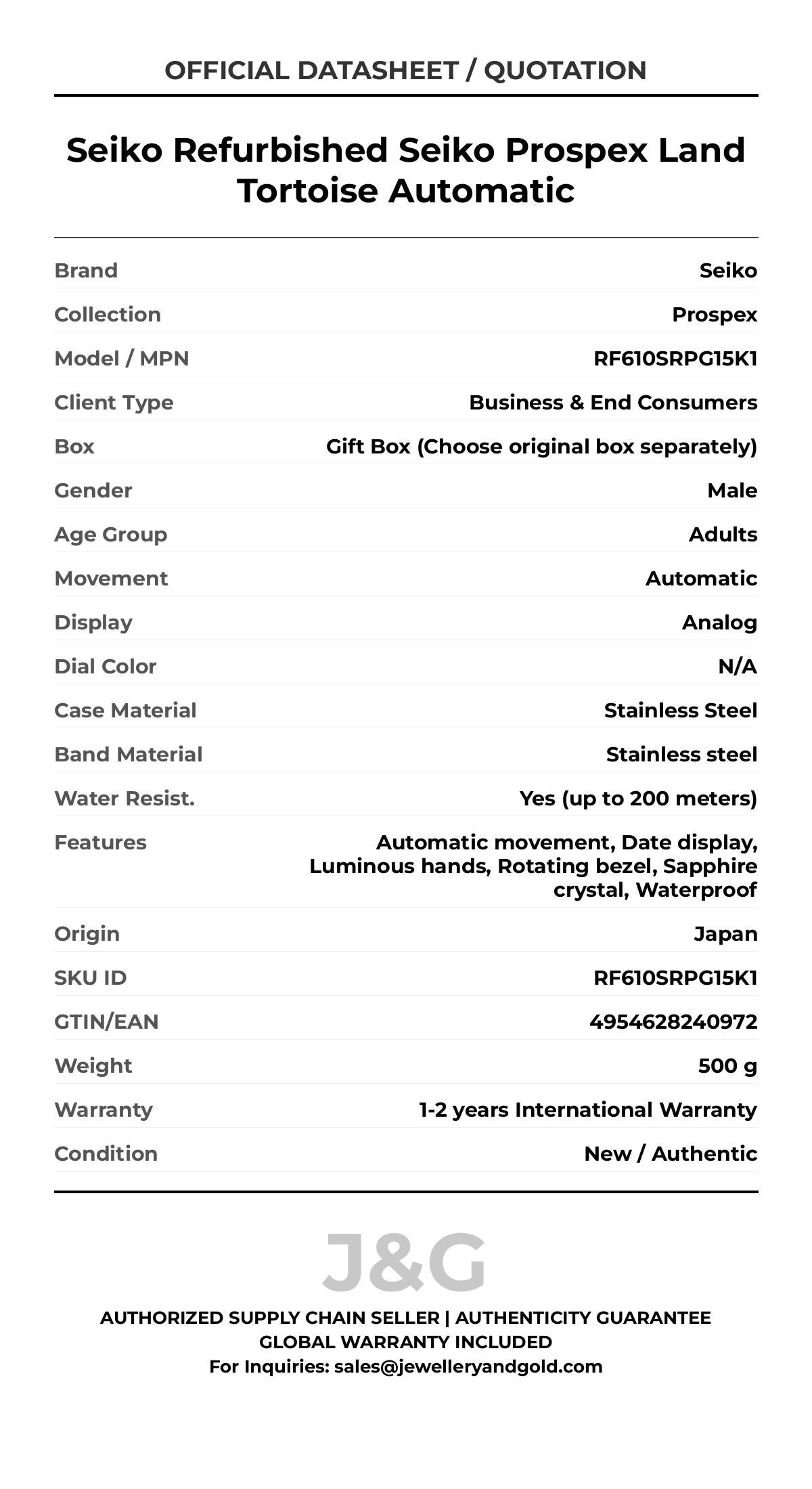 Seiko Refurbished Seiko Prospex Land Tortoise Automatic. A brand-new Seiko Prospex watch featuring a N/A dial and a Stainless steel strap. Side view. - MAIN_PH
