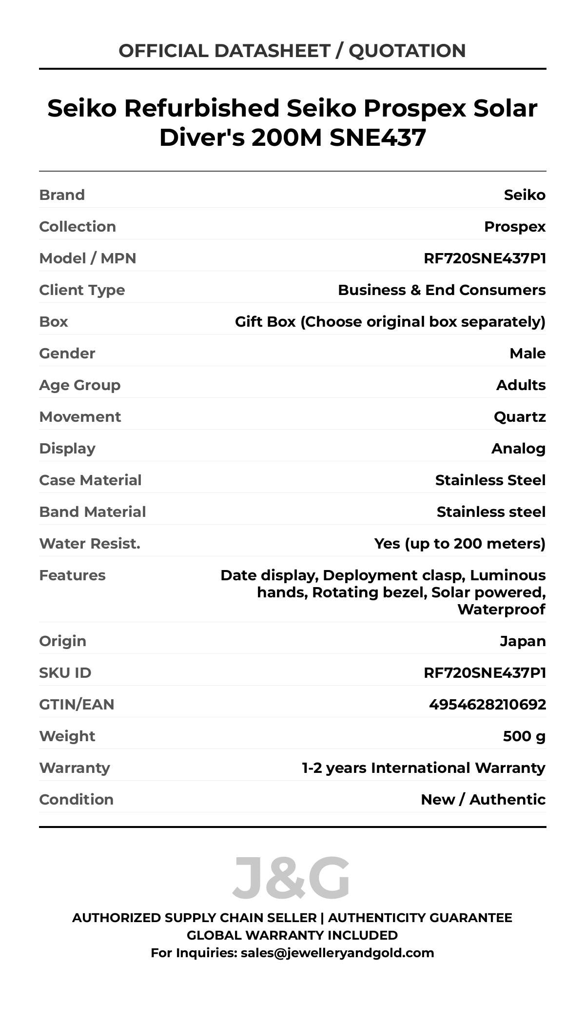 Seiko Refurbished Seiko Prospex Solar Diver's 200M SNE437. A brand-new Seiko Prospex watch featuring a Stainless steel strap. Angled view. - MAIN_PH