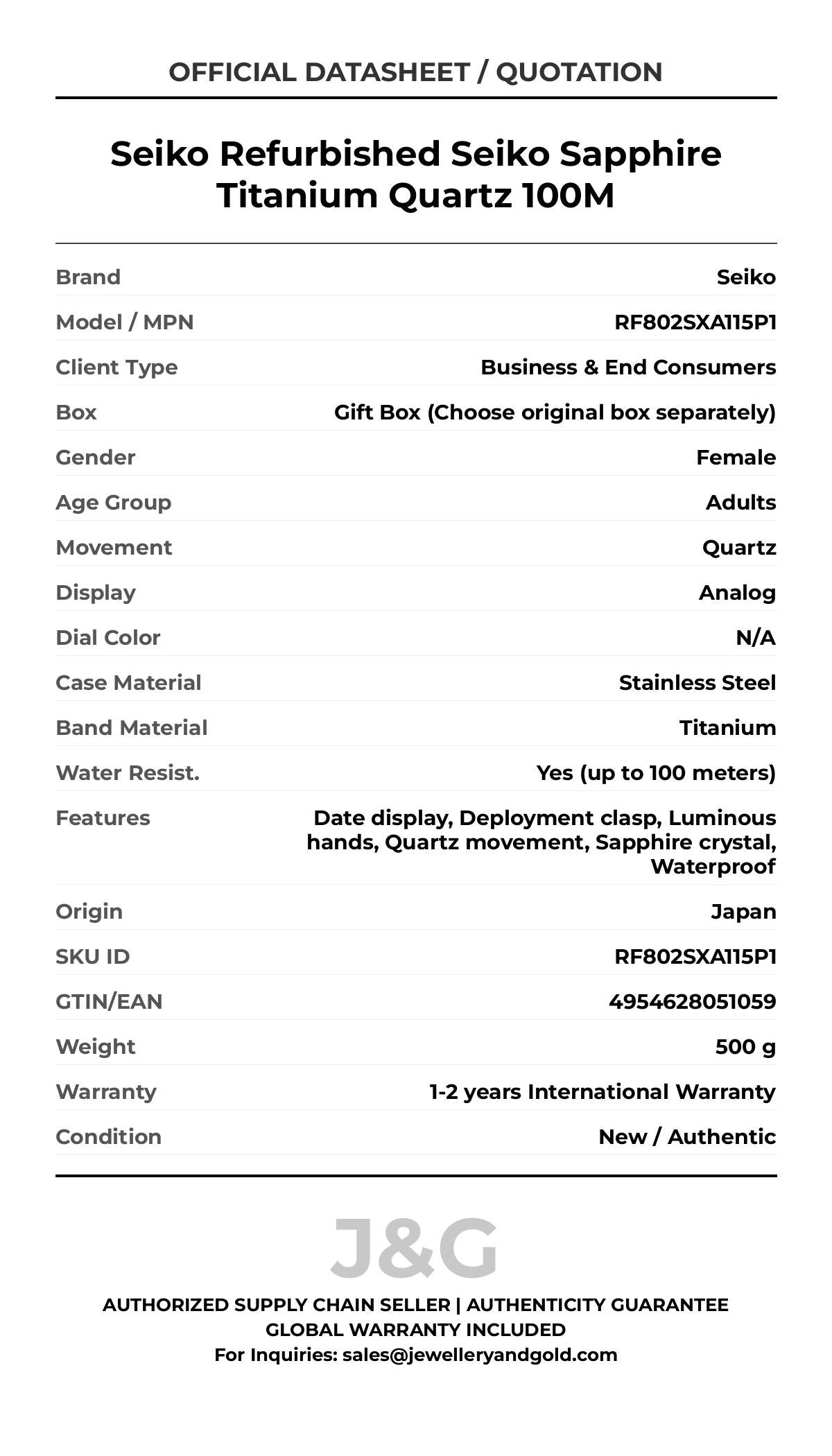 Seiko Refurbished Seiko Sapphire Titanium Quartz 100M. A brand-new Seiko watch featuring a N/A dial and a Titanium strap. Angled view. - MAIN_PH
