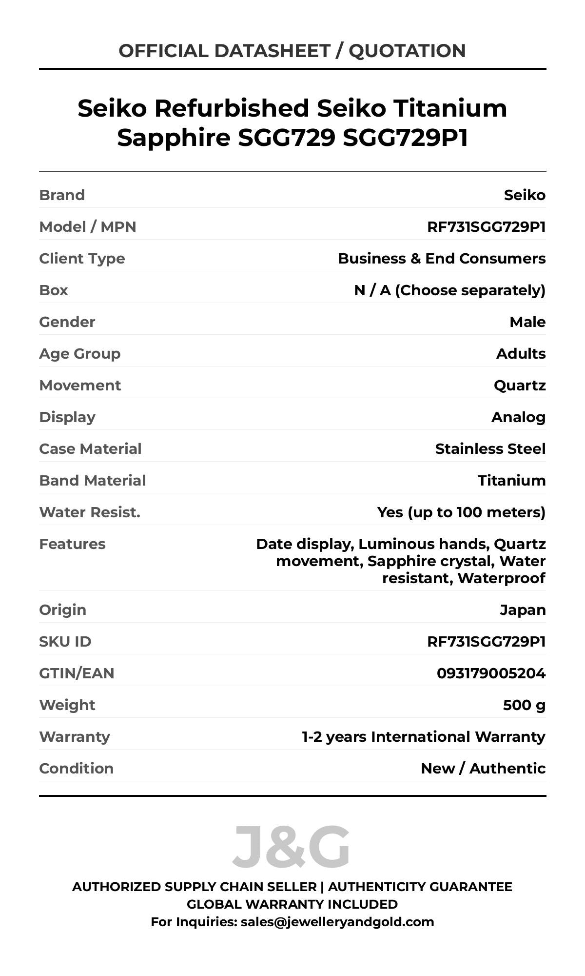Seiko Refurbished Seiko Titanium Sapphire SGG729 SGG729P1. A brand-new Seiko watch featuring a Titanium strap. Side view. - DS_FINAL