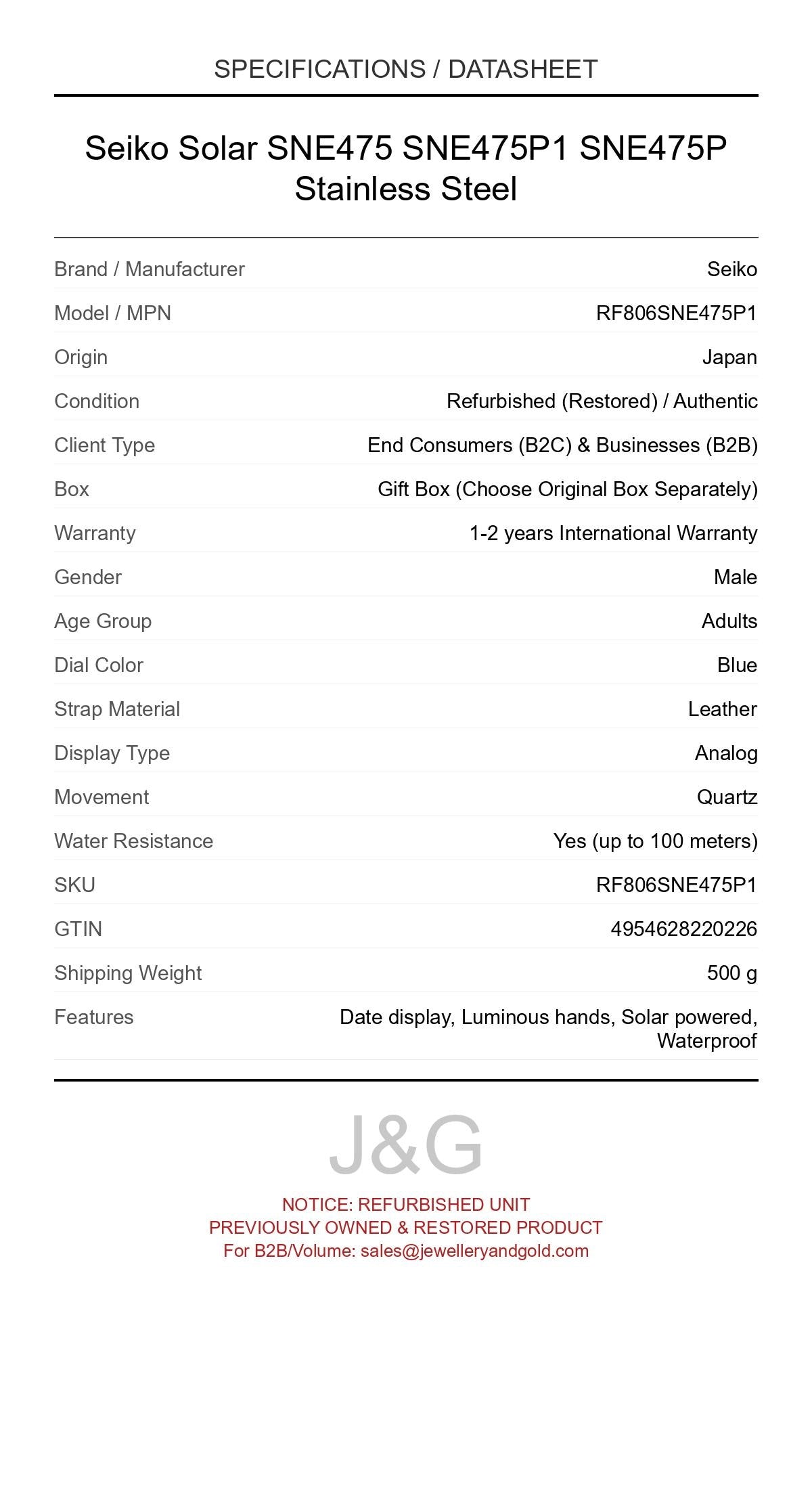 Seiko Solar SNE475 SNE475P1 SNE475P Stainless Steel. A professionally refurbished Seiko watch featuring a Blue dial and a Leather strap. Front view. - MAIN_PH