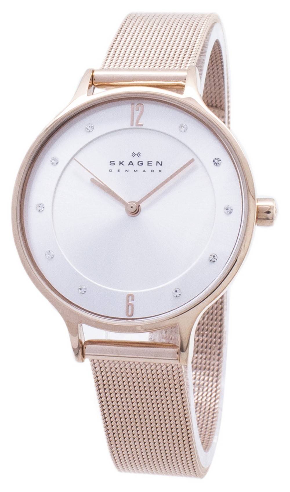 Skagen Anita Silver Dial Crystal Rose Gold-Tone Mesh. A brand-new Skagen watch featuring a Silver dial and a Stainless steel strap. Front view.