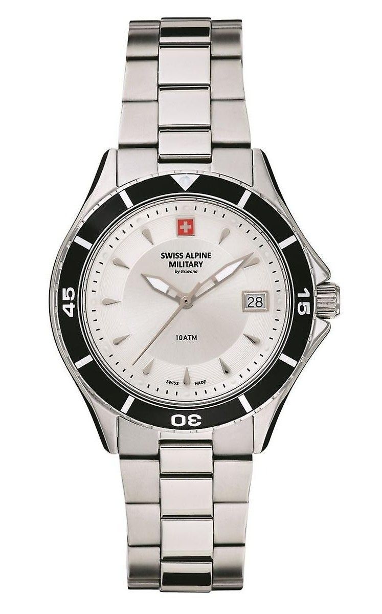 Swiss Alpine Military Aquatech Ladies Stainless Steel. A brand-new Swiss Alpine Military watch featuring a Silver dial and a Stainless steel strap. Side view.