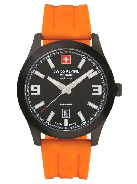 Swiss Alpine Military Combat Pro Rubber Strap Black Dial. A brand-new Swiss Alpine Military Combat watch featuring a Black dial and a Rubber strap. Side view.