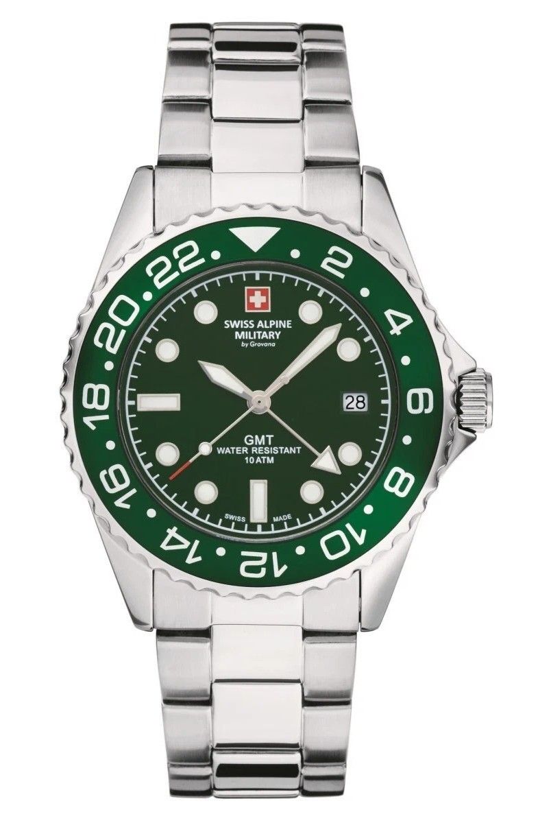 Swiss Alpine Military Master Diver GMT Stainless Steel. A brand-new Swiss Alpine Military Master Diver watch featuring a Green dial and a Stainless steel strap. Front view.