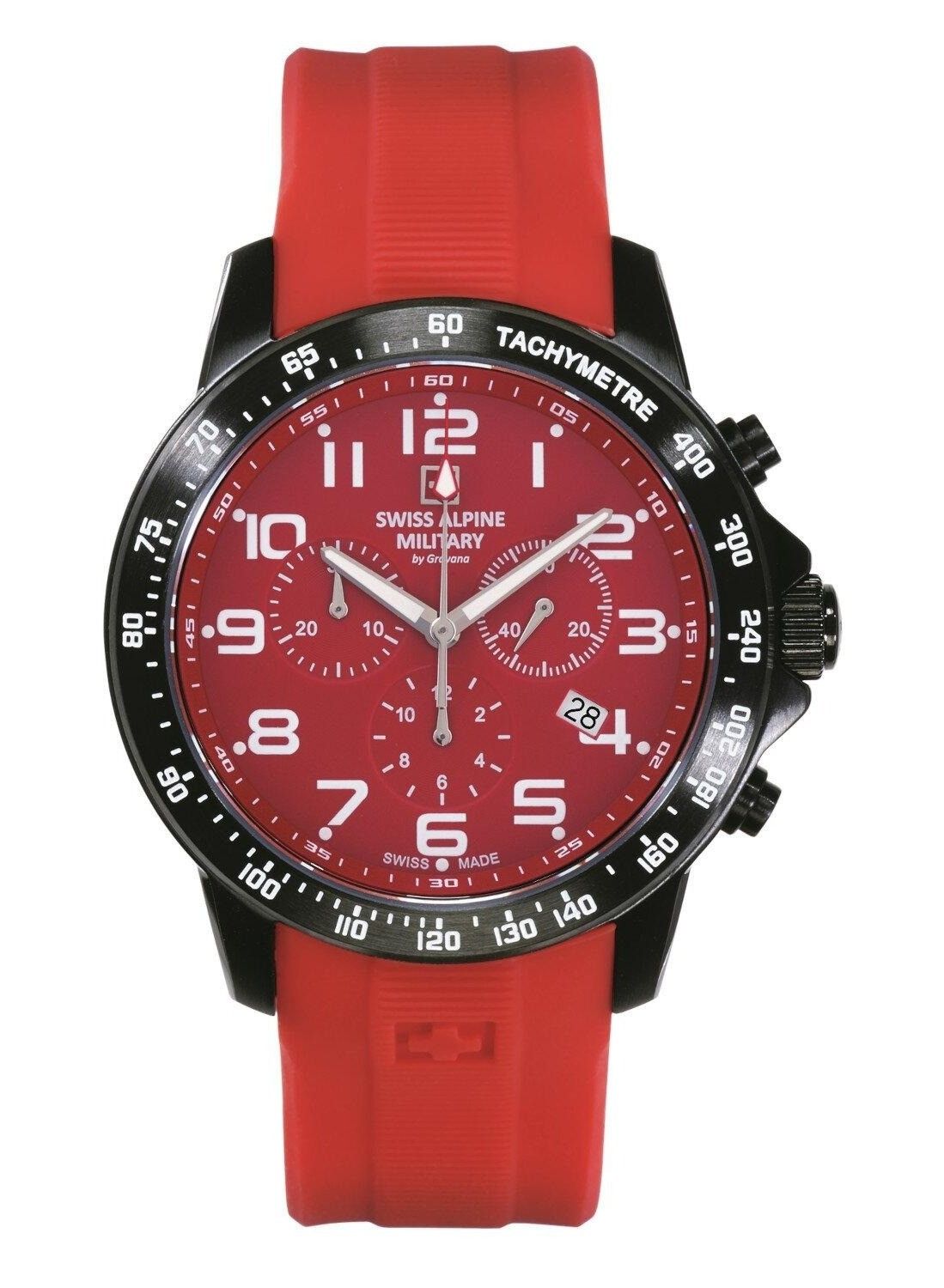 Swiss Alpine Military Ranger Chronograph Rubber Strap Red. A brand-new Swiss Alpine Military watch featuring a Red dial and a Rubber strap. Angled view.