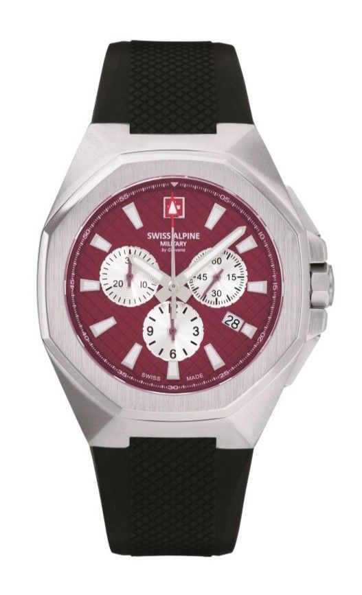 Swiss Alpine Military Typhoon Chrono Polyurethene Strap. A brand-new Swiss Alpine Military Typhoon watch featuring a Burgundy dial and a Polyurethane (PU) strap. Side view.