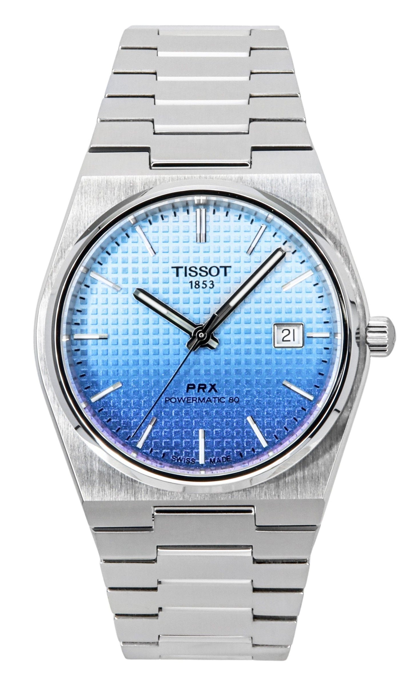Tissot PRX Powermatic 80 Gradient Stainless Steel Ice Blue. A brand-new Tissot watch featuring a Ice Blue Chameleon dial and a Stainless steel strap. Angled view.