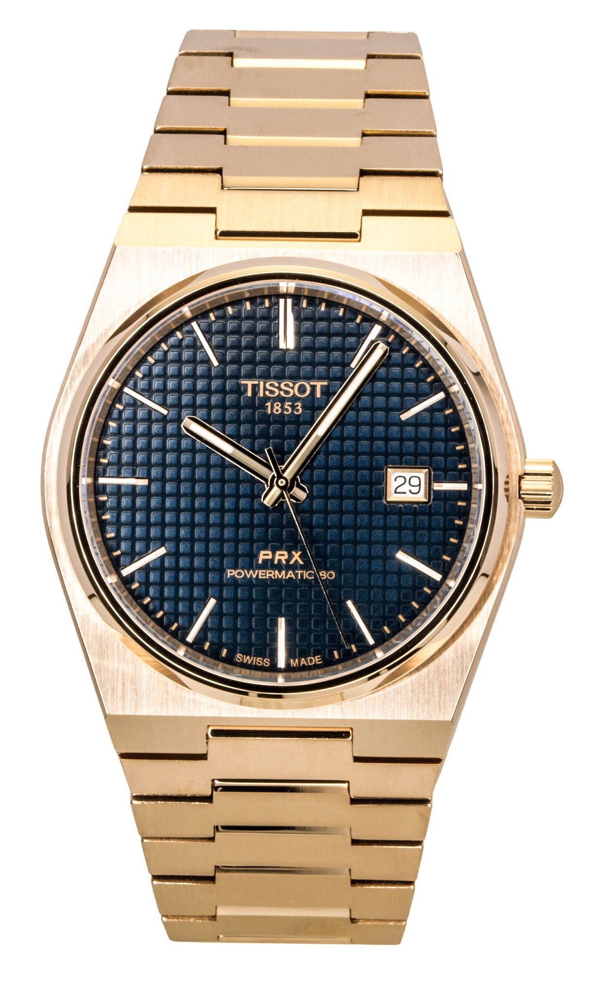 Tissot PRX Rose Gold Stainless Steel Blue Dial Automatic. A brand-new Tissot watch featuring a Blue dial and a Stainless steel strap. Side view.