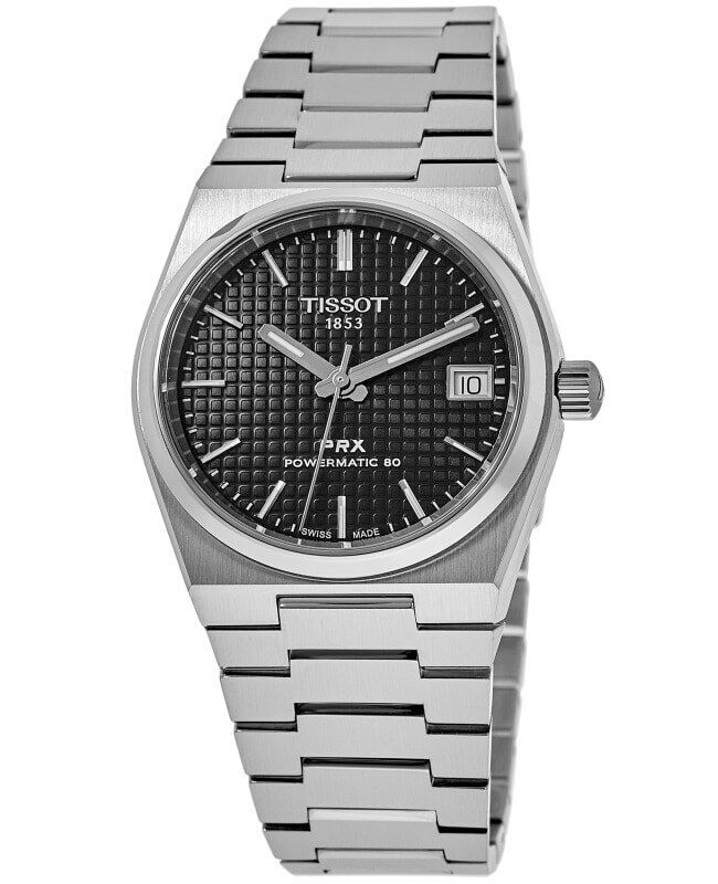 Tissot PRX T-Classic Powermatic 80 Black Dial Automatic 100M. A brand-new Tissot T-Classic watch featuring a Black dial and a Stainless steel strap. Angled view.
